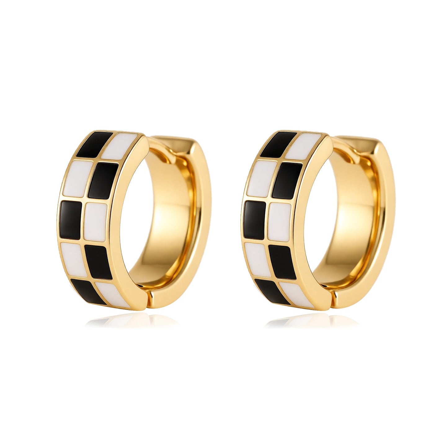 Chic Checker Small Hoop Cartilage Earrings Teacher Earrings for Women；White Black Enamel Hypoallergenic Hooped Gifts Gold and Silver tone