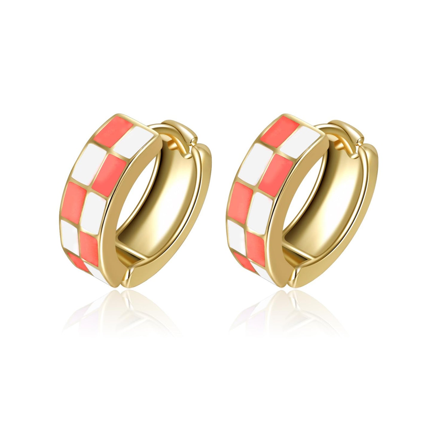 Chic Checker Small Hoop Cartilage Earrings Teacher Earrings for Women；White Black Enamel Hypoallergenic Hooped Gifts Gold and Silver tone