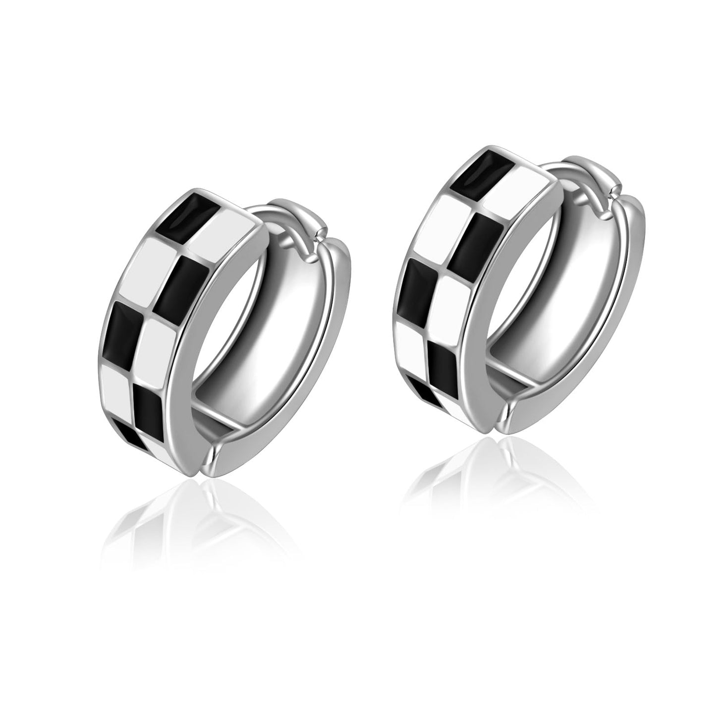 Chic Checker Small Hoop Cartilage Earrings Teacher Earrings for Women；White Black Enamel Hypoallergenic Hooped Gifts Gold and Silver tone