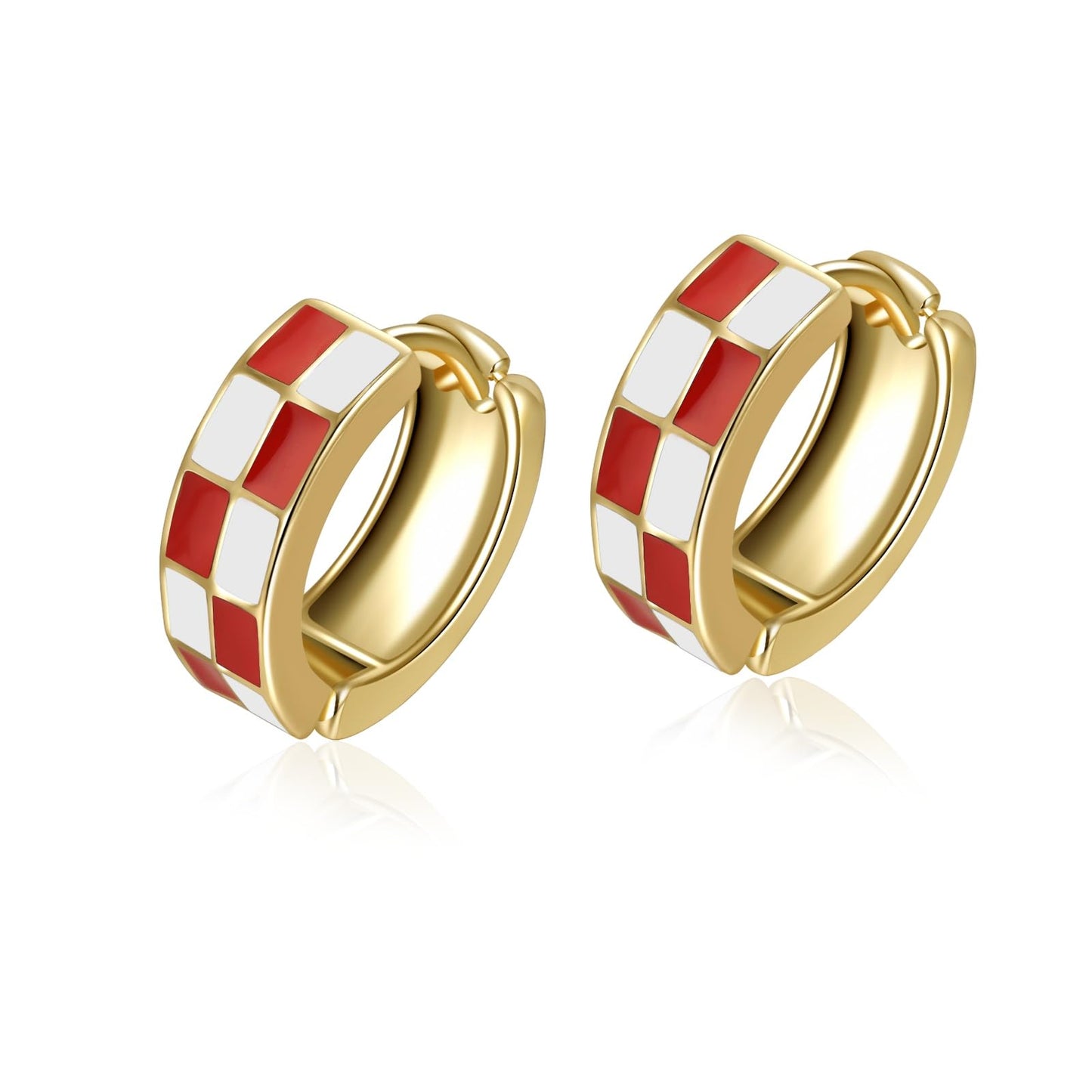 Chic Checker Small Hoop Cartilage Earrings Teacher Earrings for Women；White Black Enamel Hypoallergenic Hooped Gifts Gold and Silver tone