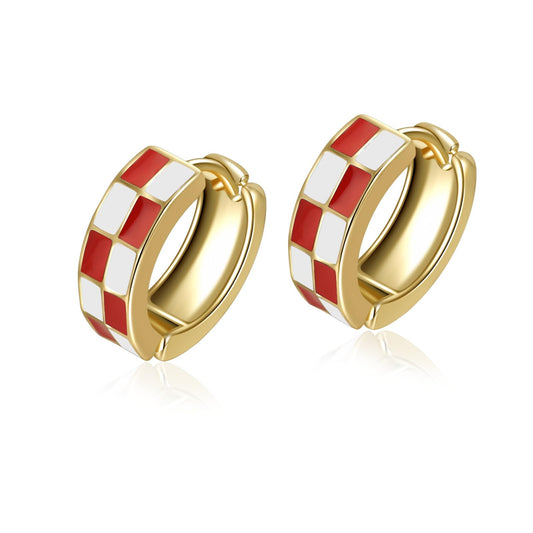 Chic Checker Small Hoop Cartilage Earrings Teacher Earrings for Women；White Black Enamel Hypoallergenic Hooped Gifts Gold and Silver tone