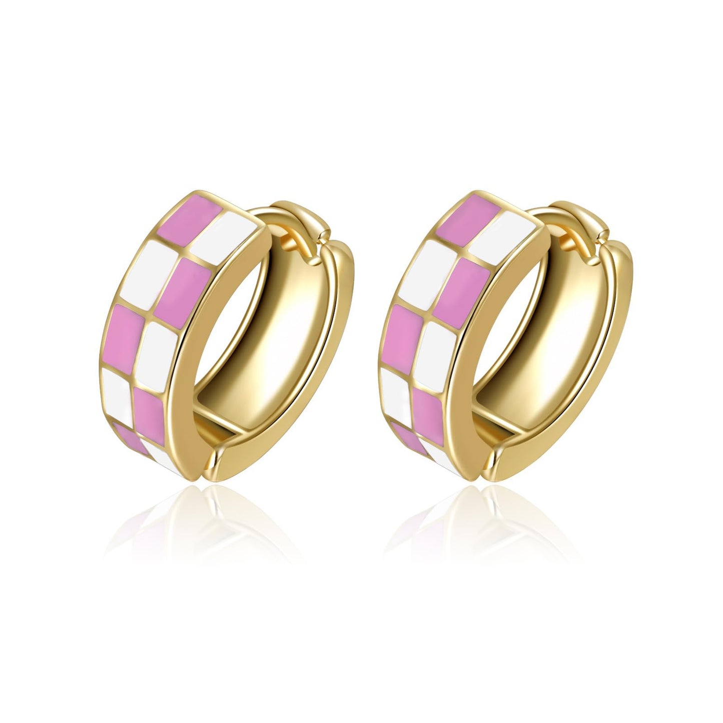 Chic Checker Small Hoop Cartilage Earrings Teacher Earrings for Women；White Black Enamel Hypoallergenic Hooped Gifts Gold and Silver tone