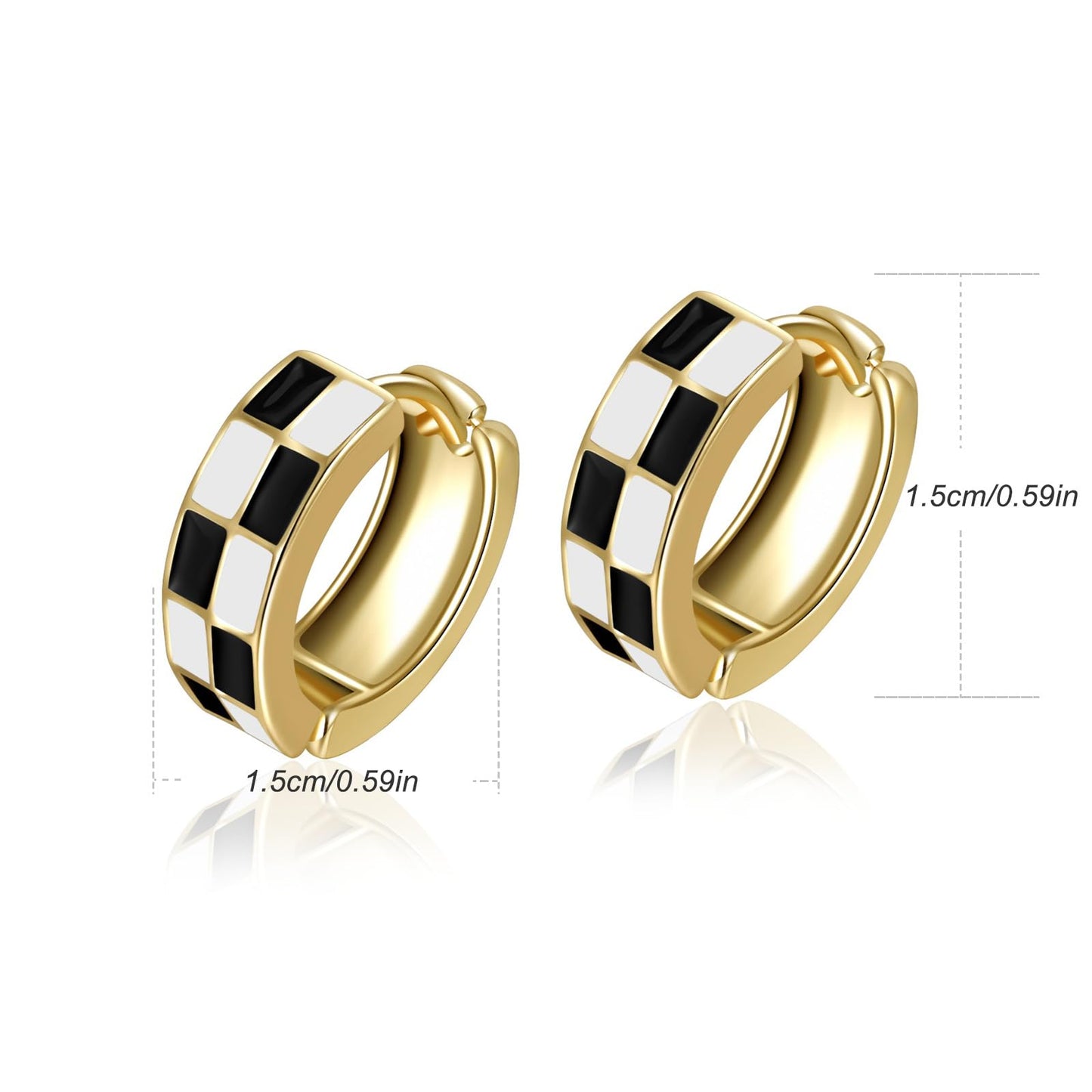 Chic Checker Small Hoop Cartilage Earrings Teacher Earrings for Women；White Black Enamel Hypoallergenic Hooped Gifts Gold and Silver tone