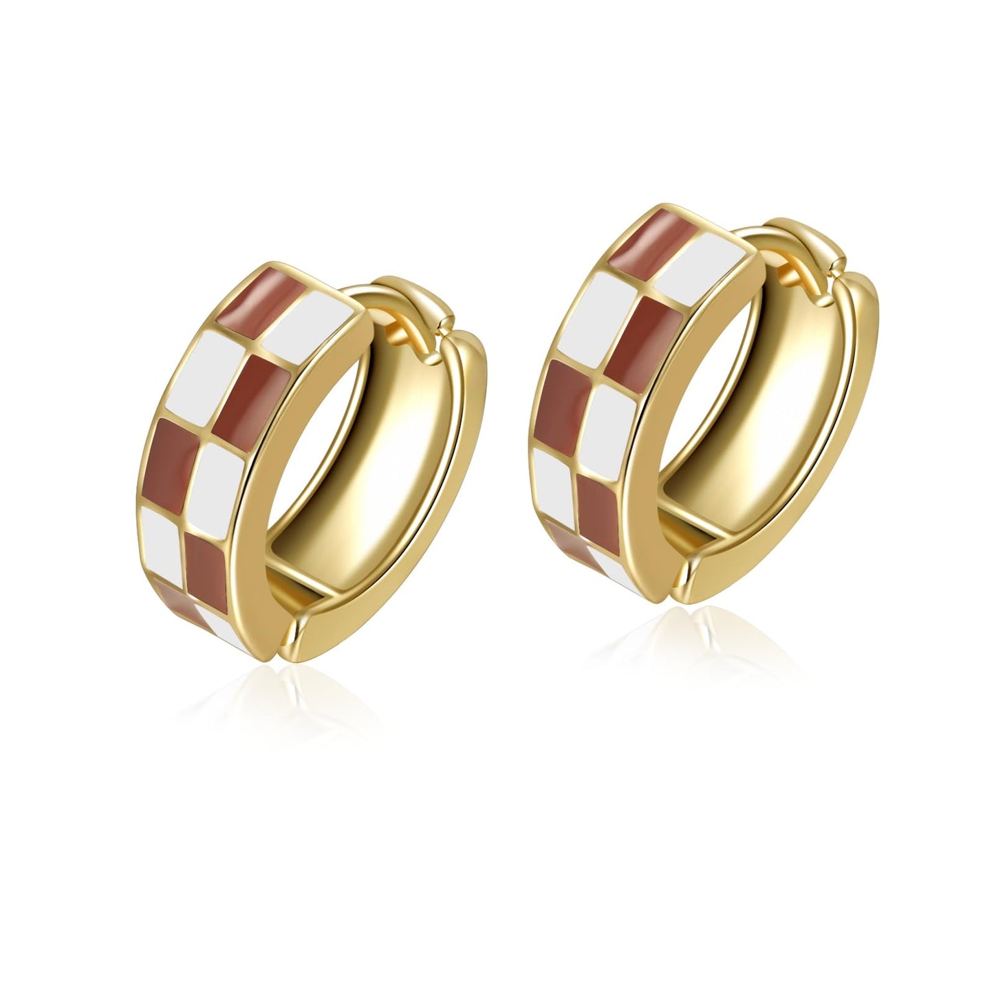 Chic Checker Small Hoop Cartilage Earrings Teacher Earrings for Women；White Black Enamel Hypoallergenic Hooped Gifts Gold and Silver tone