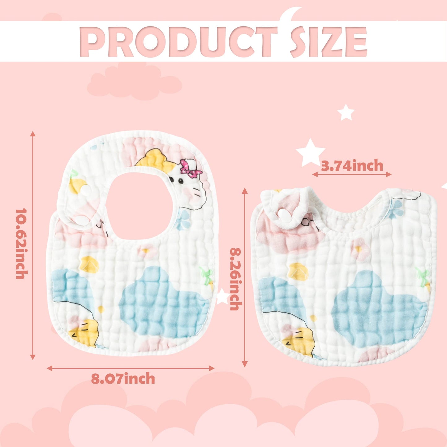 Zainpe 6Pcs Snap Muslin Cotton Bibs for Baby Love Heart Milk Letter Pattern Bib with 6 Absorbent Soft Layers, Machine Washable Burp Cloths for Infants Newborns Toddlers Drooling Feeding and Teething