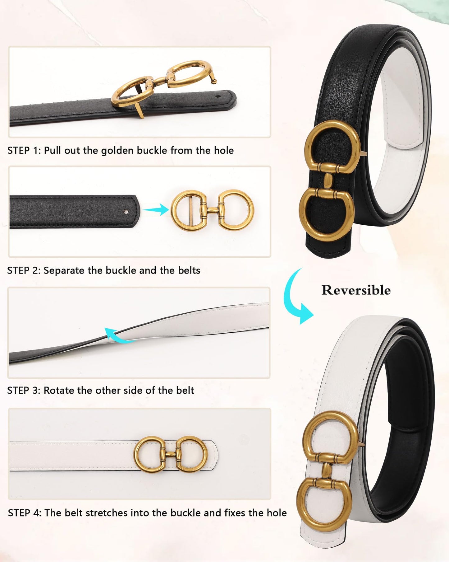 AWAYTR Reversible Belt for Women - Two-in-One Women Fashion Leather Belt for Jeans with Golden Buckle