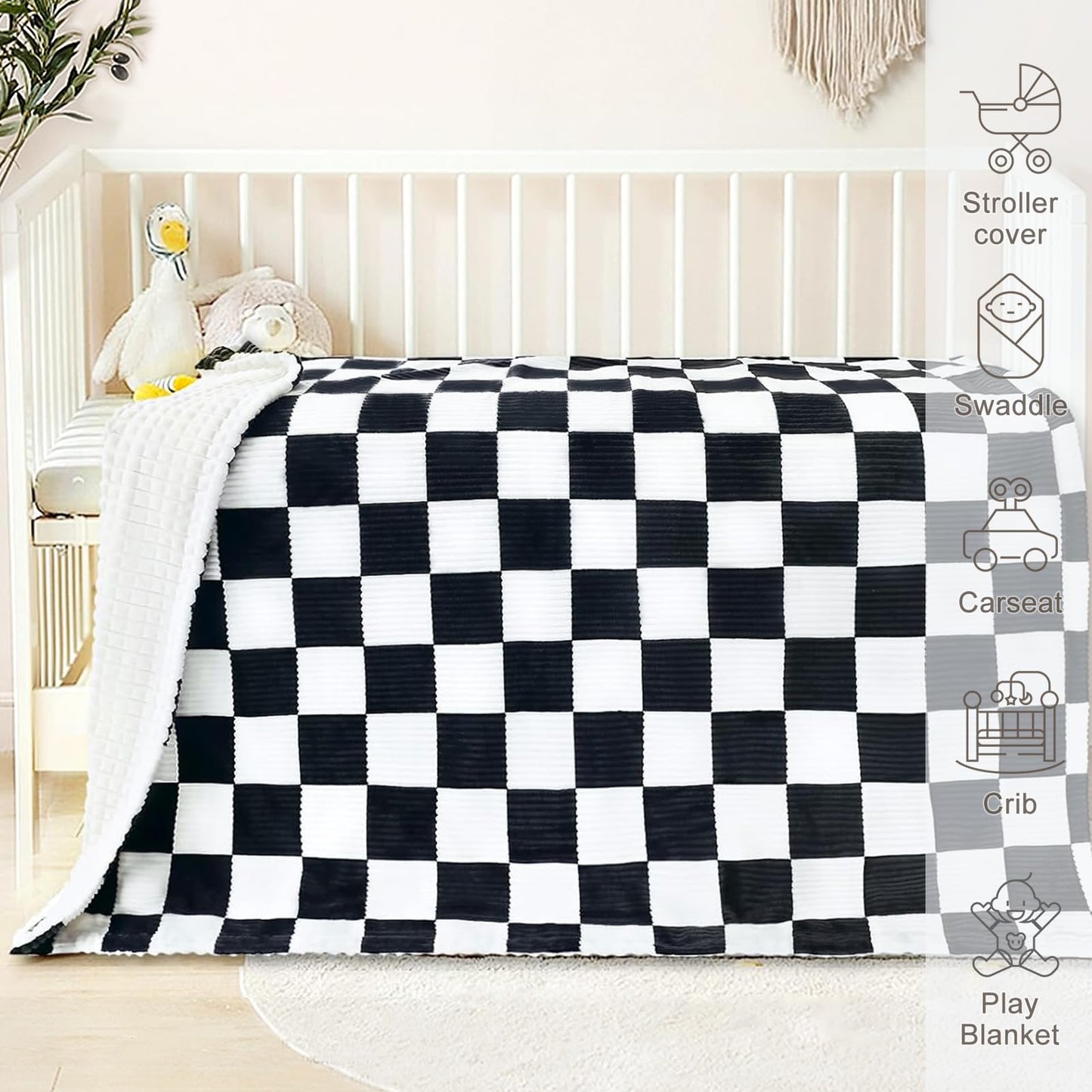 HOMRITAR Black and White Baby Blanket for Boys Ultra Soft Warm Lightweight Toddler Blanket with High Contrast Checkered, 3D Double Layer Fleece for Newborn Visual Touch Sensory 30x40 Inch