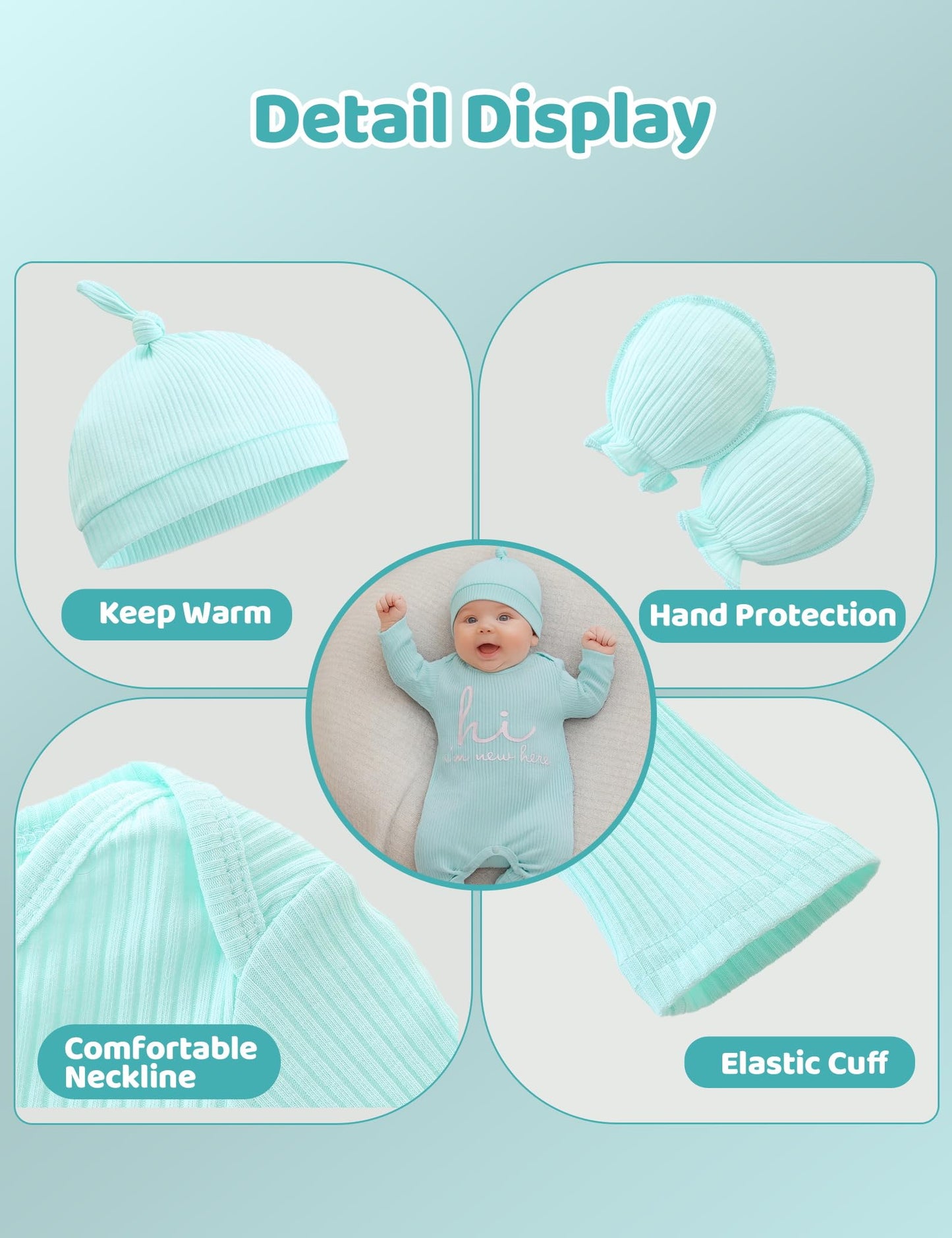 Newborn Unisex Baby Clothes 0-3 Months,Long Sleeve Onesie Infant Coming Home Outfits Romper with Mittens & Hat