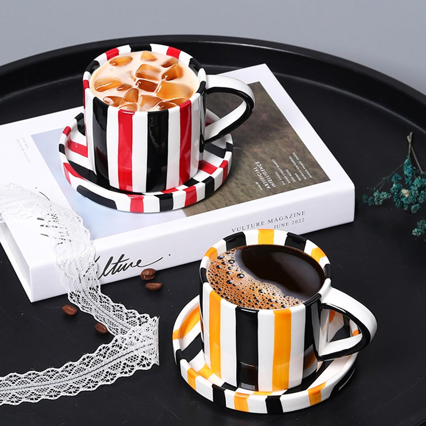 8 Oz Ceramic Coffee Mug Espresso Cups with Saucer Mug And Saucer Set Cup And Saucer Coffee Cups with Saucers Coffee Cups And Saucers,Black