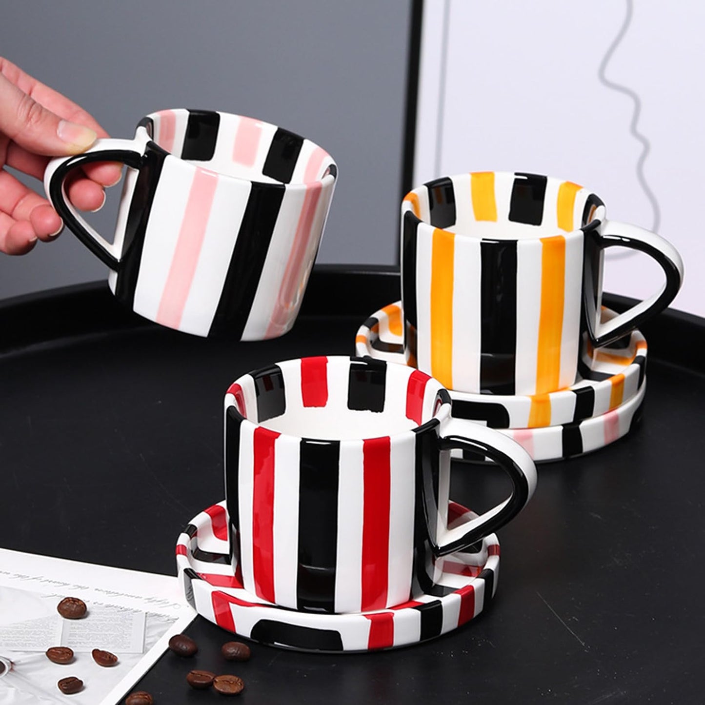 8 Oz Ceramic Coffee Mug Espresso Cups with Saucer Mug And Saucer Set Cup And Saucer Coffee Cups with Saucers Coffee Cups And Saucers,Black