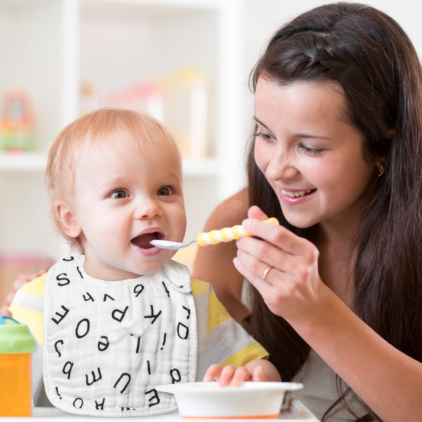 Zainpe 6Pcs Snap Muslin Cotton Bibs for Baby Love Heart Milk Letter Pattern Bib with 6 Absorbent Soft Layers, Machine Washable Burp Cloths for Infants Newborns Toddlers Drooling Feeding and Teething