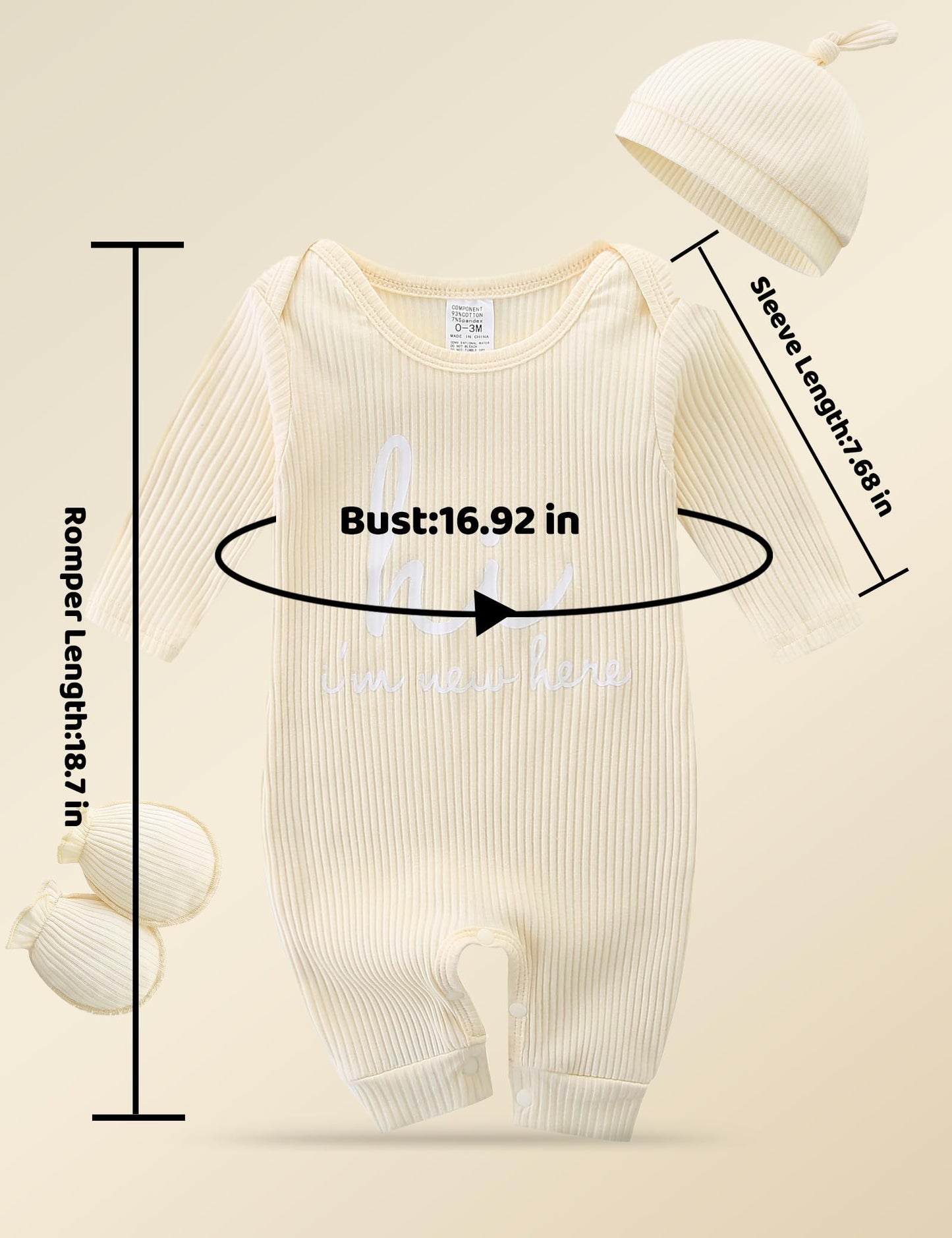 Newborn Unisex Baby Clothes 0-3 Months,Long Sleeve Onesie Infant Coming Home Outfits Romper with Mittens & Hat