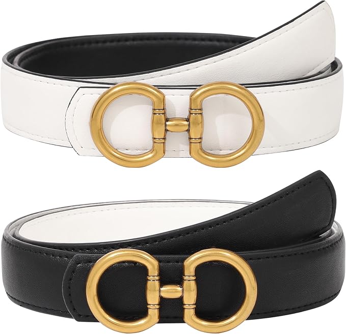 Reversible Belt for Women - Two-in-One Women Fashion Leather Belt for Jeans with Golden Buckle