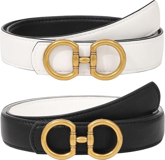Reversible Belt for Women - Two-in-One Women Fashion Leather Belt for Jeans with Golden Buckle