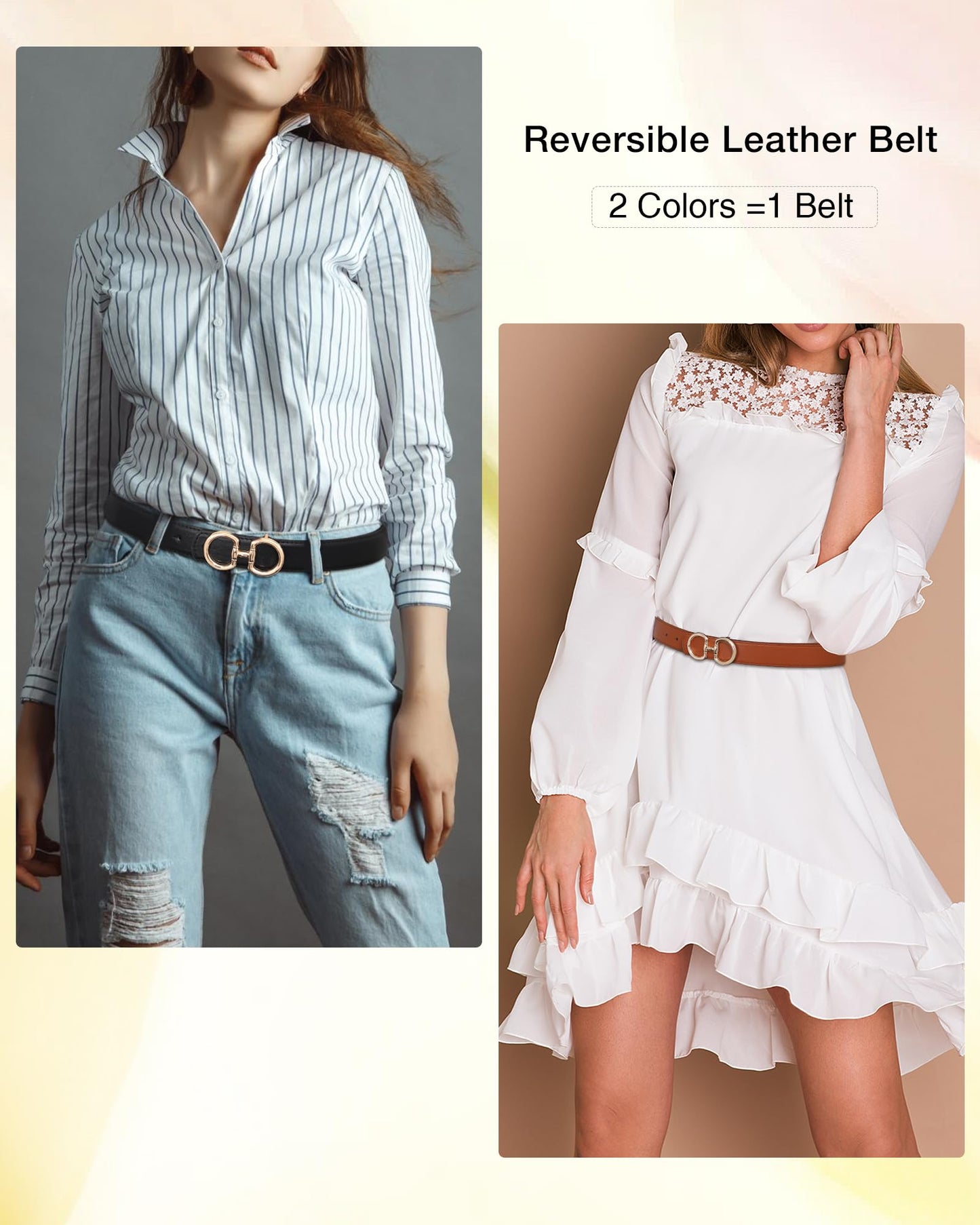 AWAYTR Reversible Belt for Women - Two-in-One Women Fashion Leather Belt for Jeans with Golden Buckle