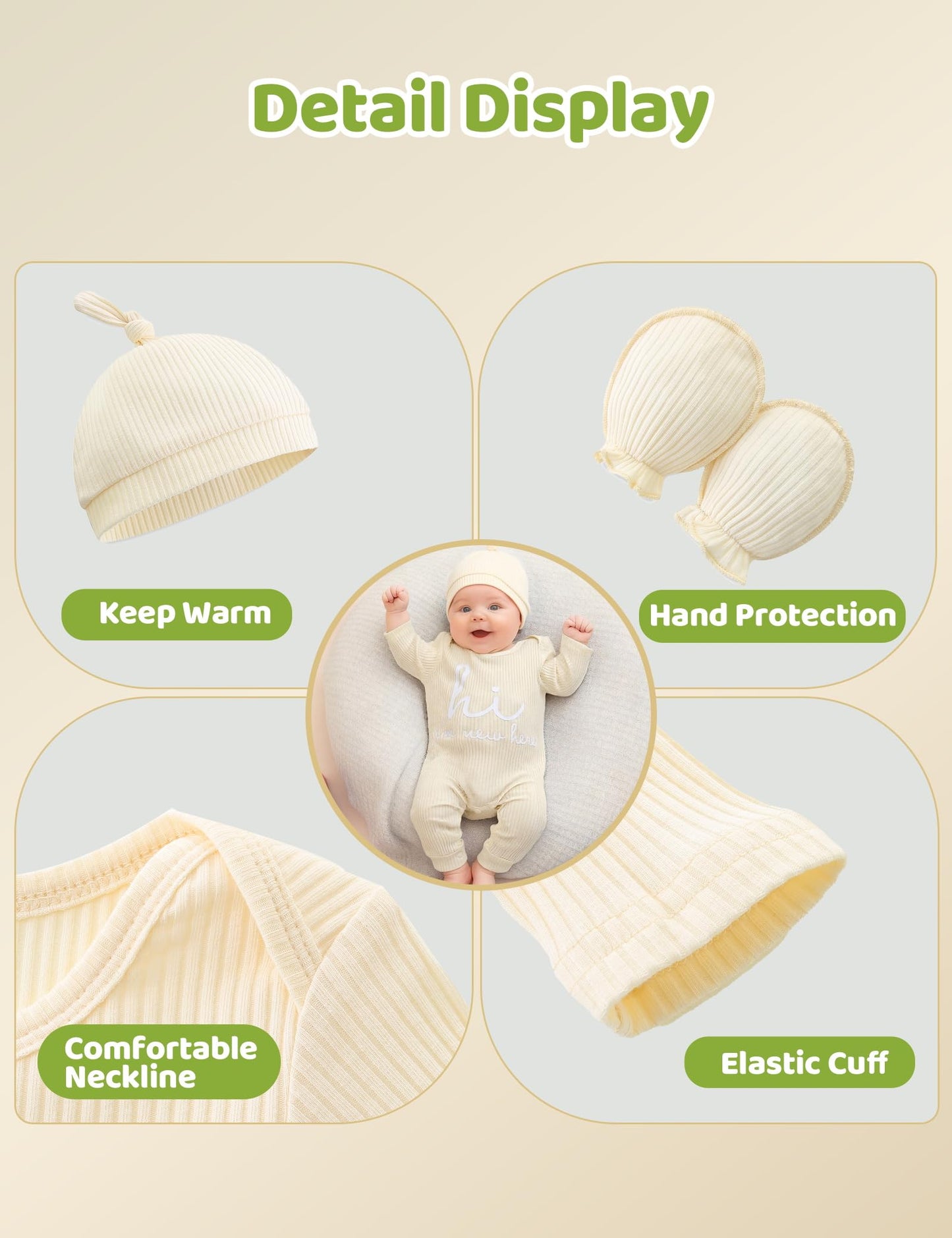 Newborn Unisex Baby Clothes 0-3 Months,Long Sleeve Onesie Infant Coming Home Outfits Romper with Mittens & Hat