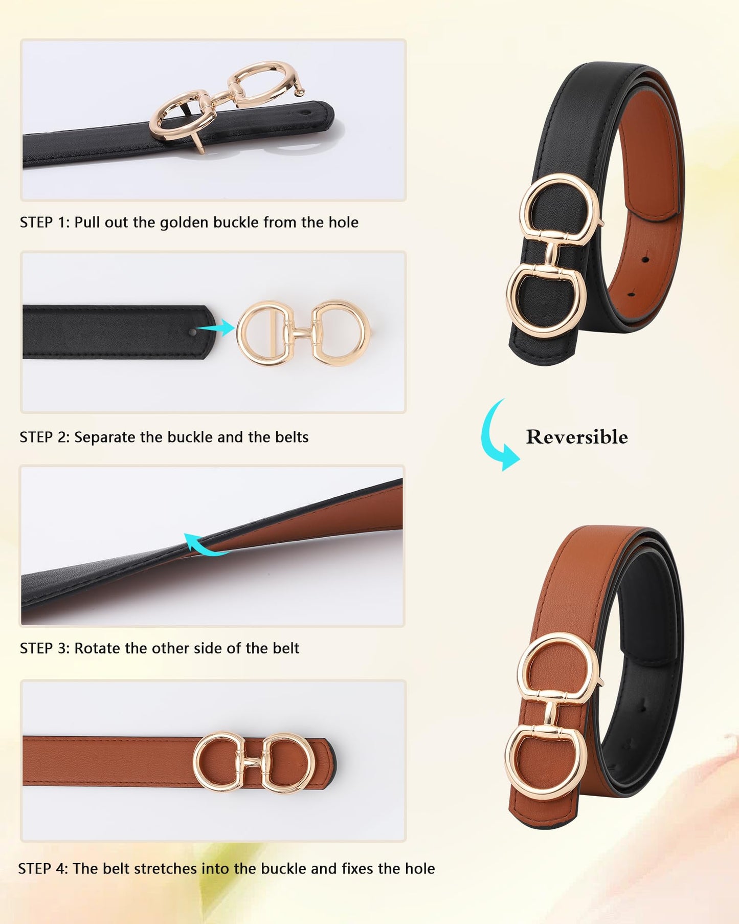 AWAYTR Reversible Belt for Women - Two-in-One Women Fashion Leather Belt for Jeans with Golden Buckle