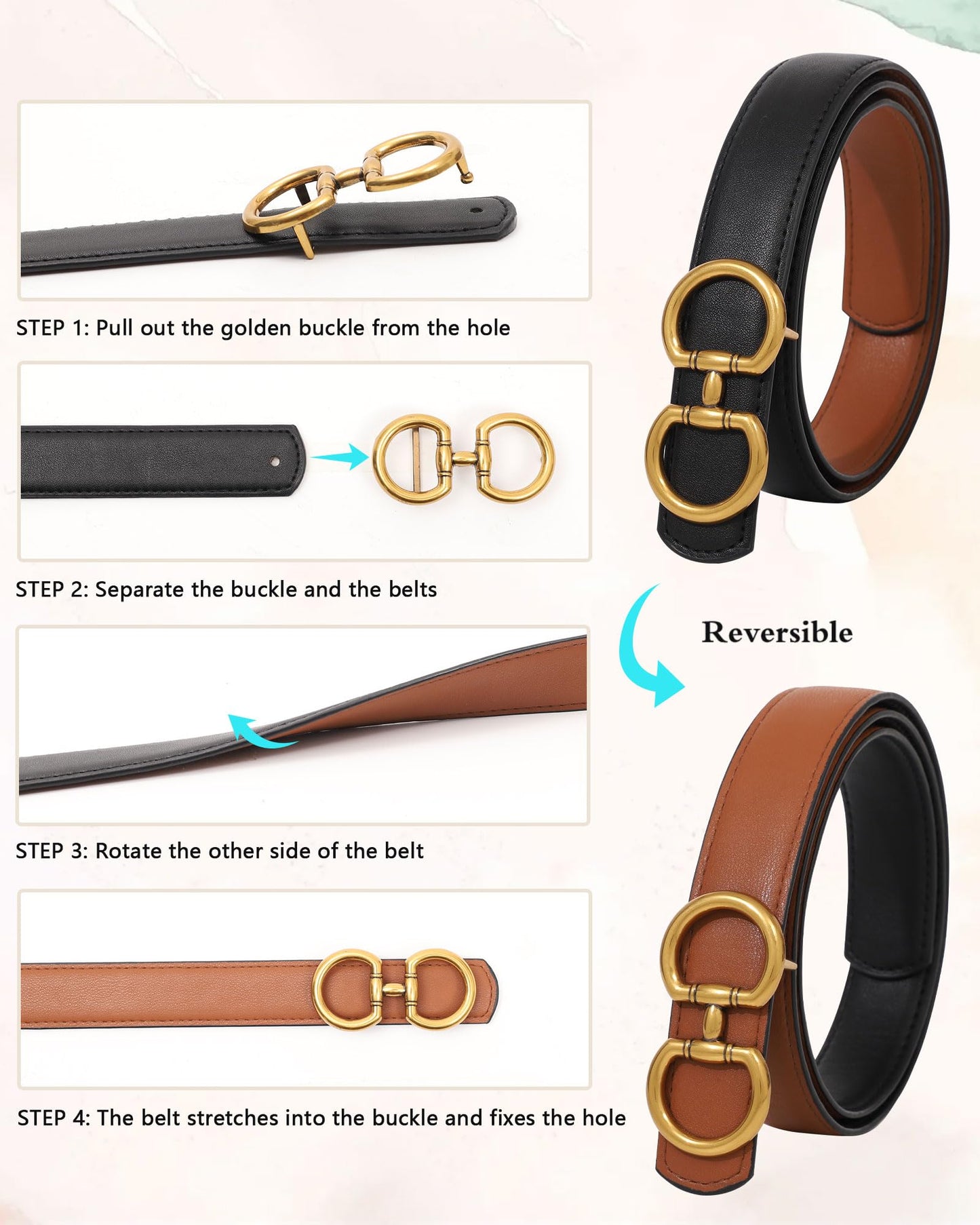 AWAYTR Reversible Belt for Women - Two-in-One Women Fashion Leather Belt for Jeans with Golden Buckle