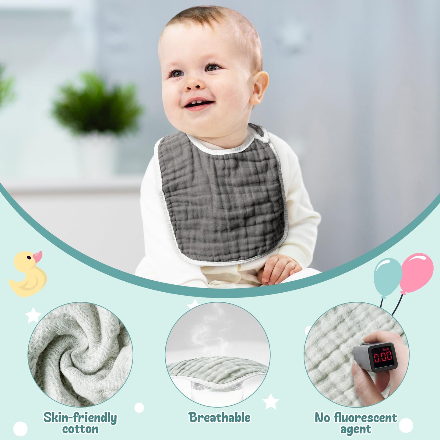 Zainpe 6Pcs Snap Muslin Cotton Bibs for Baby Love Heart Milk Letter Pattern Bib with 6 Absorbent Soft Layers, Machine Washable Burp Cloths for Infants Newborns Toddlers Drooling Feeding and Teething