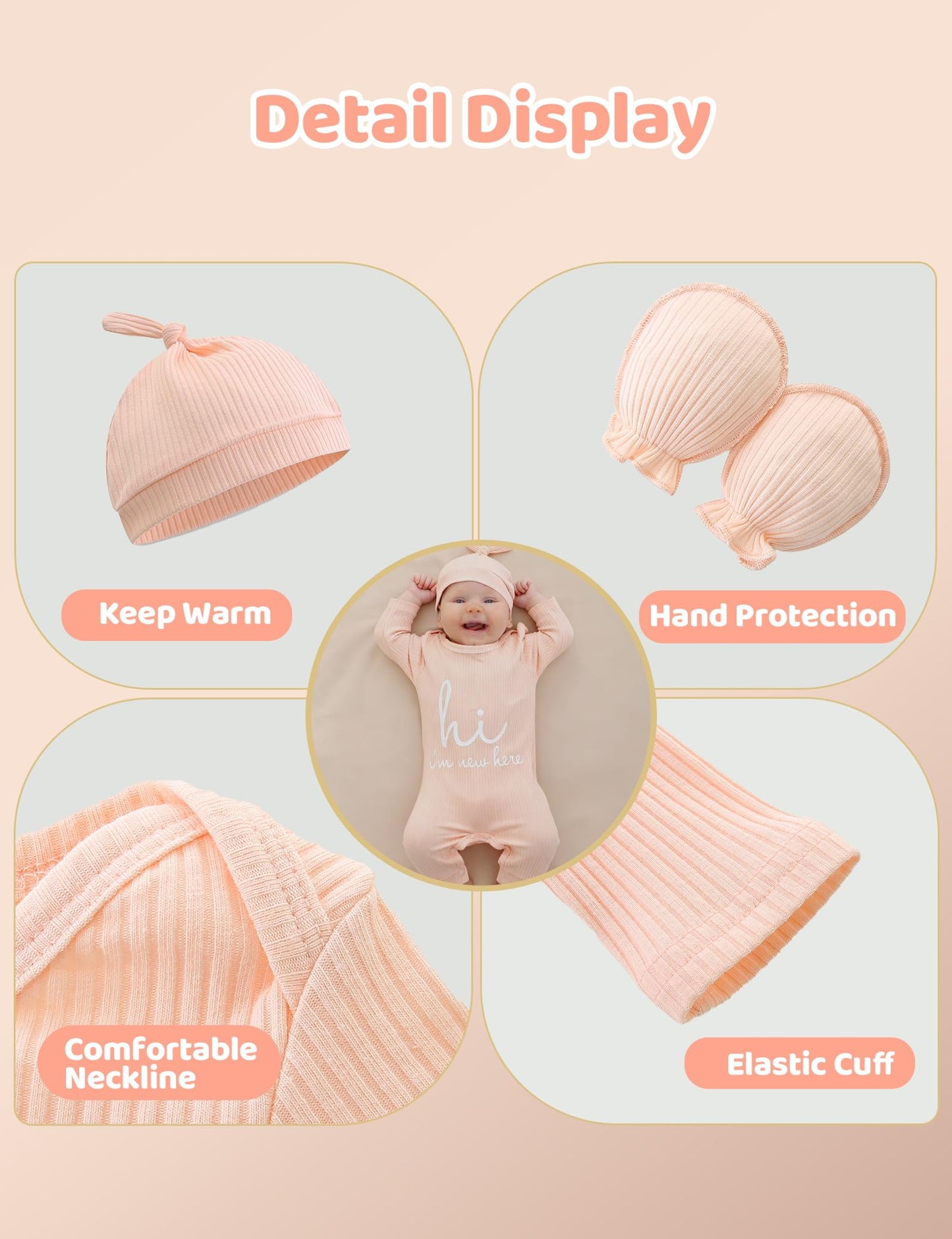 Newborn Unisex Baby Clothes 0-3 Months,Long Sleeve Onesie Infant Coming Home Outfits Romper with Mittens & Hat