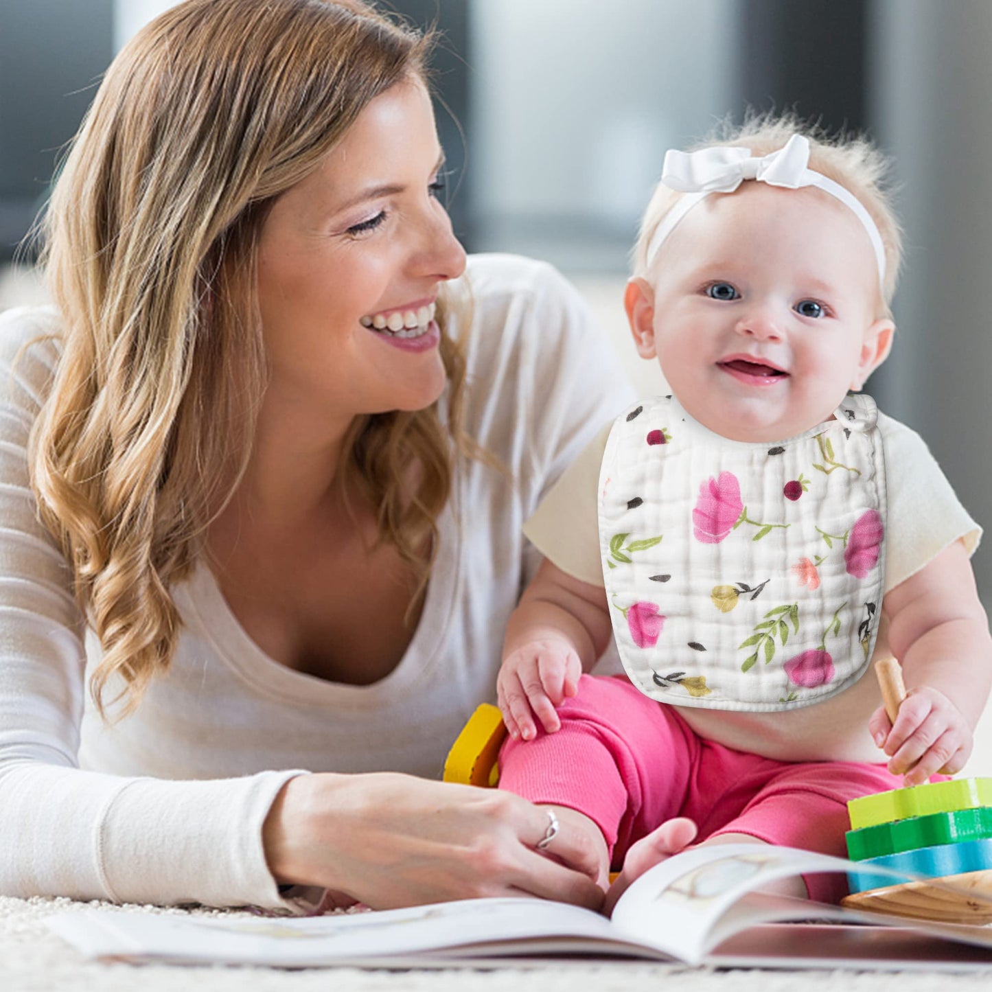 Zainpe 6Pcs Snap Muslin Cotton Bibs for Baby Love Heart Milk Letter Pattern Bib with 6 Absorbent Soft Layers, Machine Washable Burp Cloths for Infants Newborns Toddlers Drooling Feeding and Teething