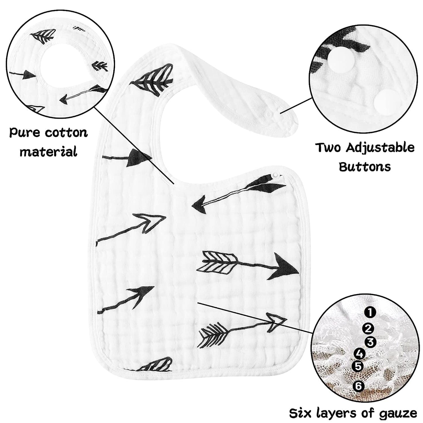 Zainpe 6Pcs Snap Muslin Cotton Bibs for Baby Love Heart Milk Letter Pattern Bib with 6 Absorbent Soft Layers, Machine Washable Burp Cloths for Infants Newborns Toddlers Drooling Feeding and Teething