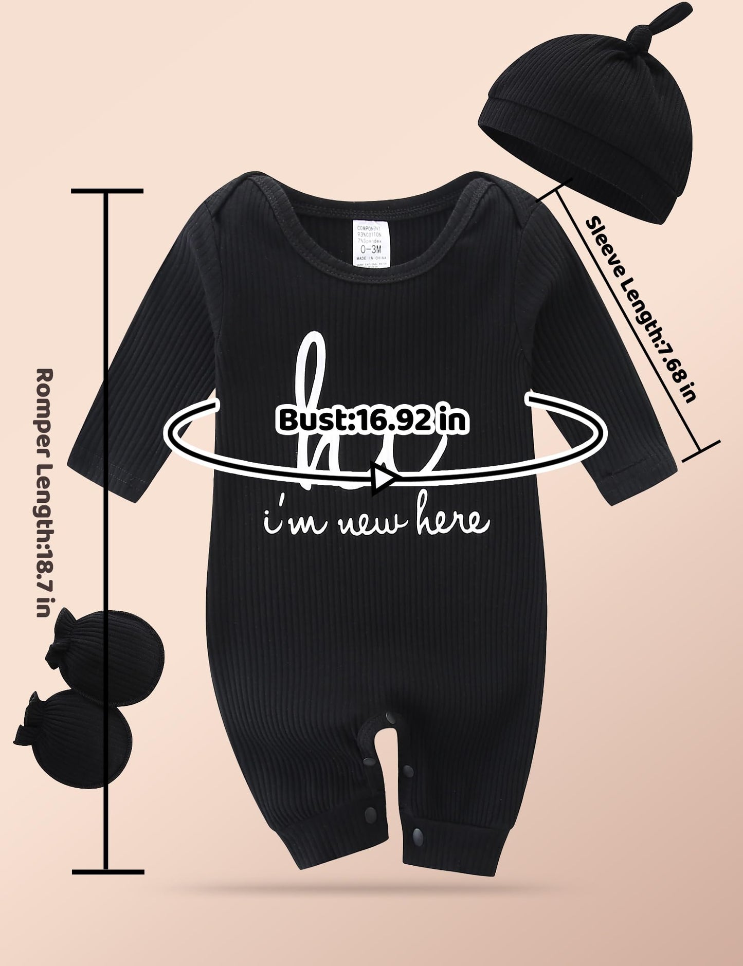 Newborn Unisex Baby Clothes 0-3 Months,Long Sleeve Onesie Infant Coming Home Outfits Romper with Mittens & Hat