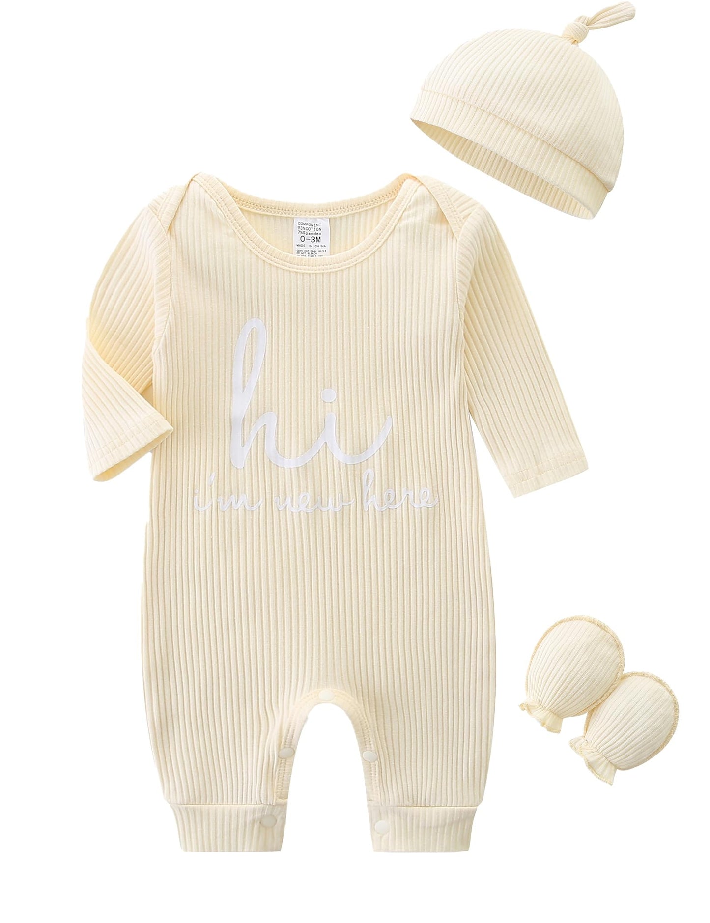 Newborn Unisex Baby Clothes 0-3 Months,Long Sleeve Onesie Infant Coming Home Outfits Romper with Mittens & Hat