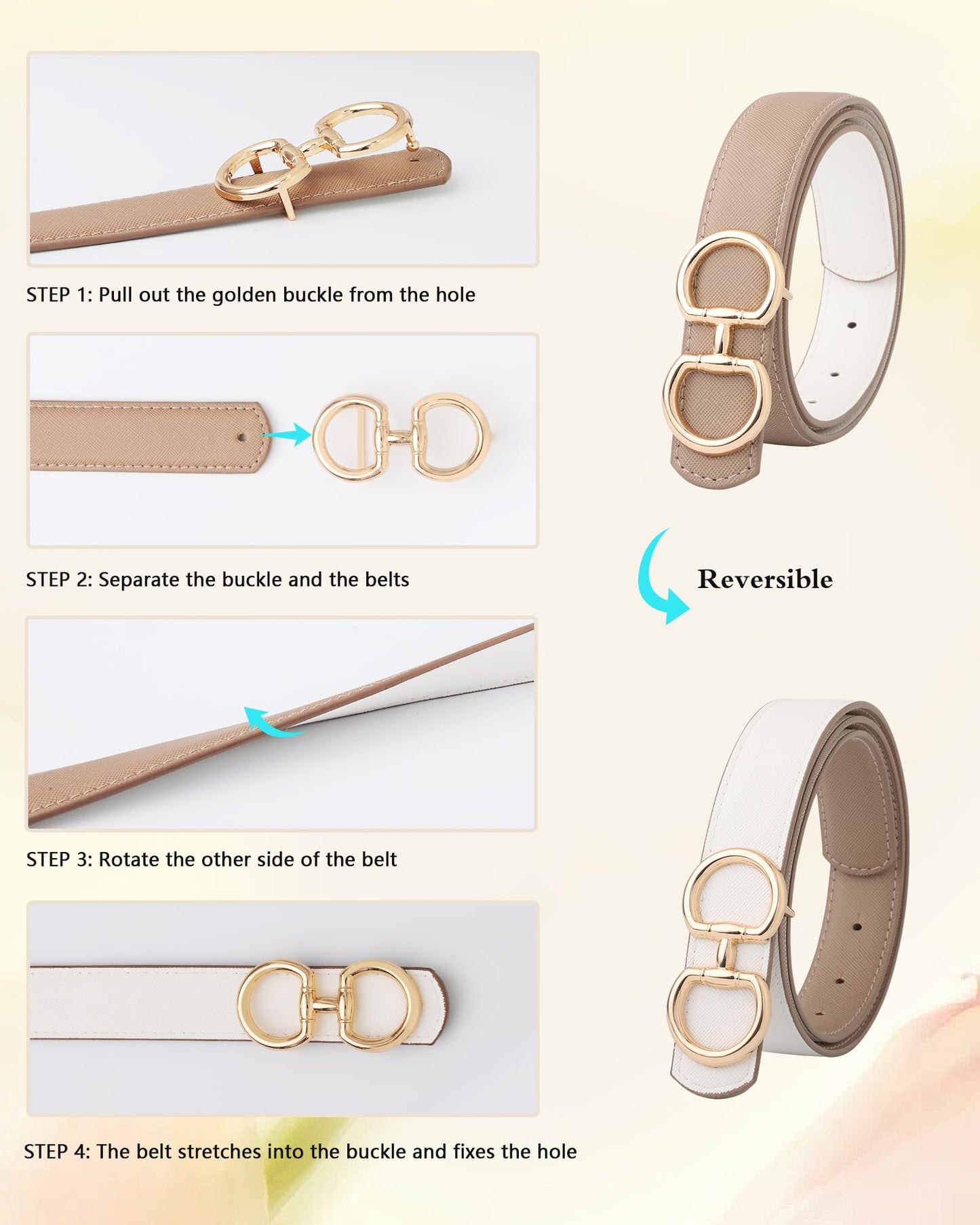 AWAYTR Reversible Belt for Women - Two-in-One Women Fashion Leather Belt for Jeans with Golden Buckle