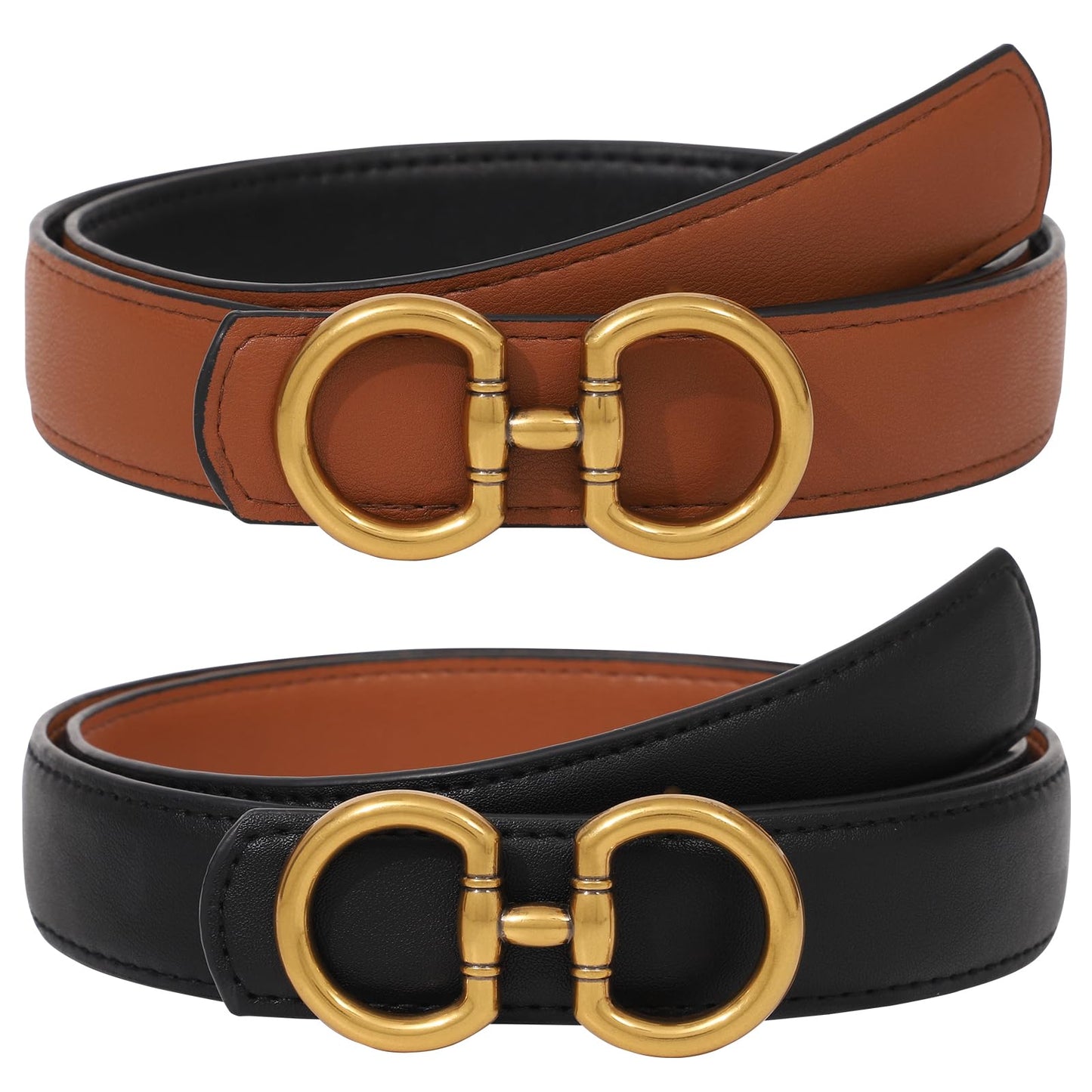 AWAYTR Reversible Belt for Women - Two-in-One Women Fashion Leather Belt for Jeans with Golden Buckle