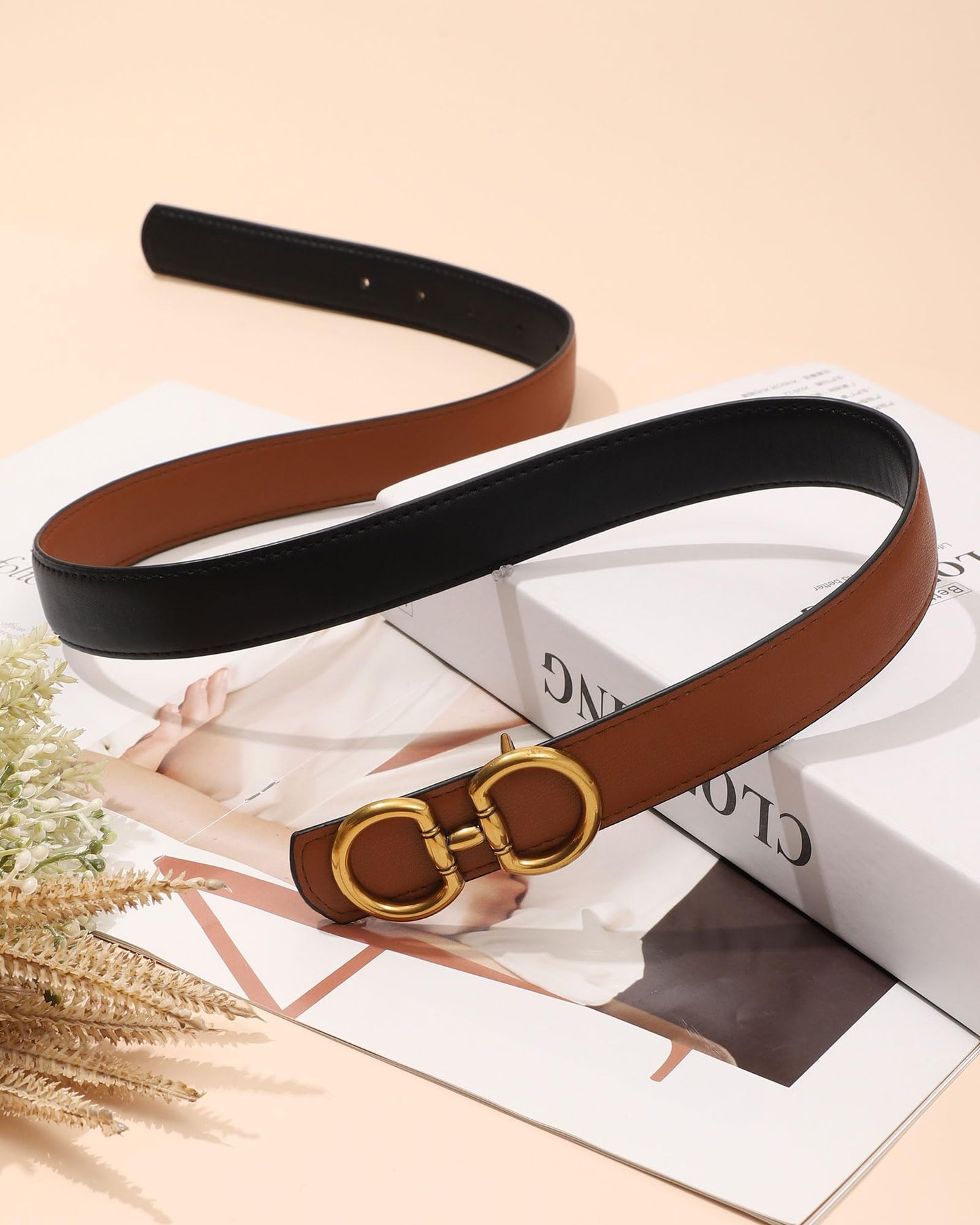 AWAYTR Reversible Belt for Women - Two-in-One Women Fashion Leather Belt for Jeans with Golden Buckle