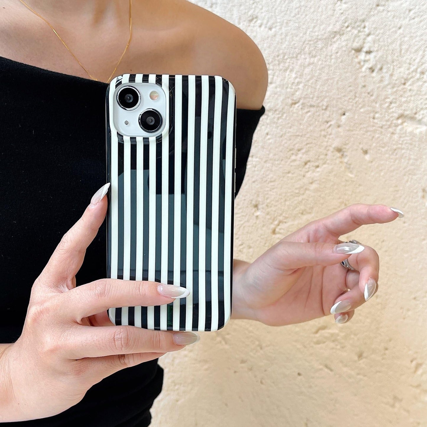 Cute Striped Phone Case Compatible with iPhone 14/13 6.1",Aesthetic Trendy Retro Stripe Pattern Chic Pretty Stylish Protective Girls Women Cover for iPhone 14/13-Black White