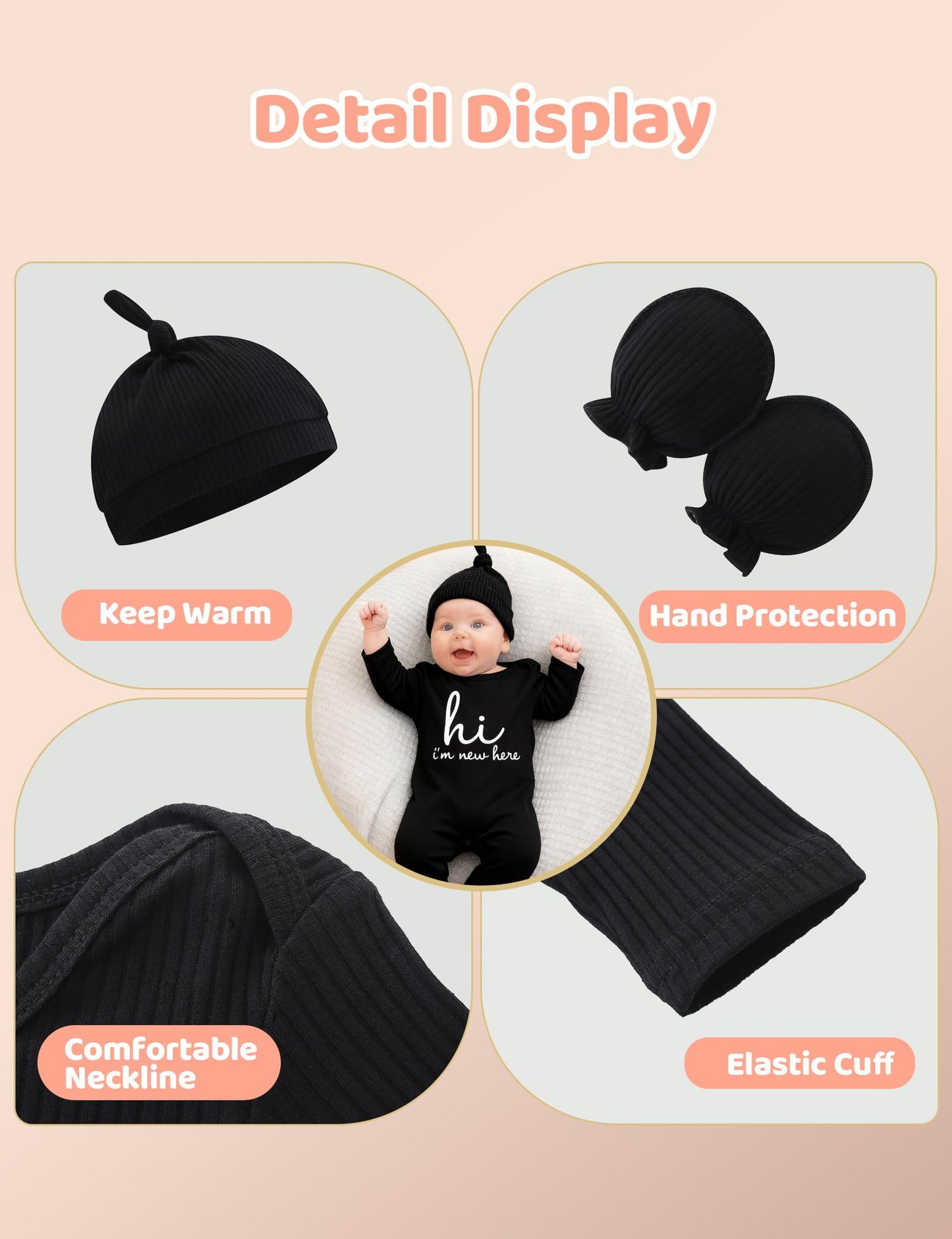 Newborn Unisex Baby Clothes 0-3 Months,Long Sleeve Onesie Infant Coming Home Outfits Romper with Mittens & Hat