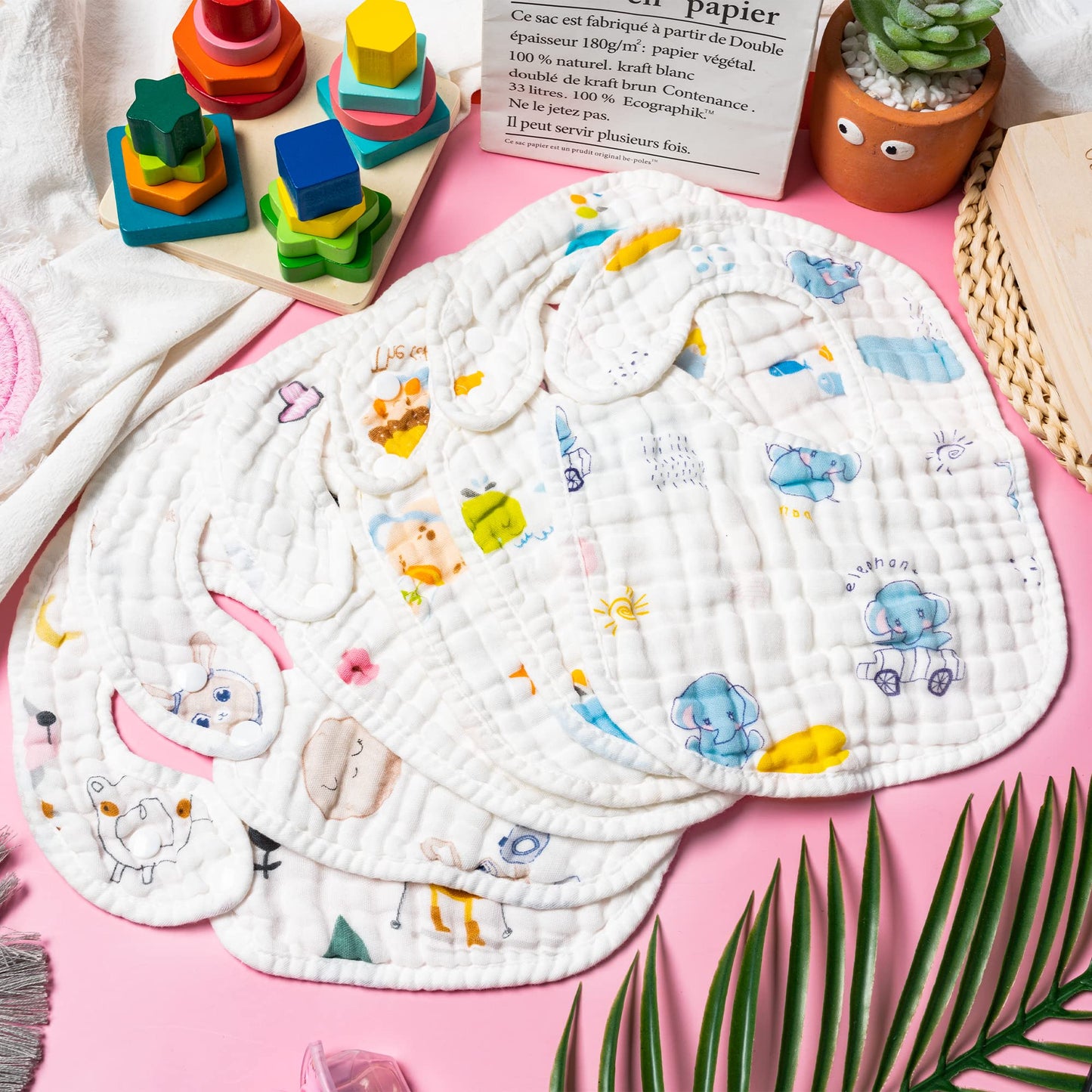 Zainpe 6Pcs Snap Muslin Cotton Bibs for Baby Love Heart Milk Letter Pattern Bib with 6 Absorbent Soft Layers, Machine Washable Burp Cloths for Infants Newborns Toddlers Drooling Feeding and Teething