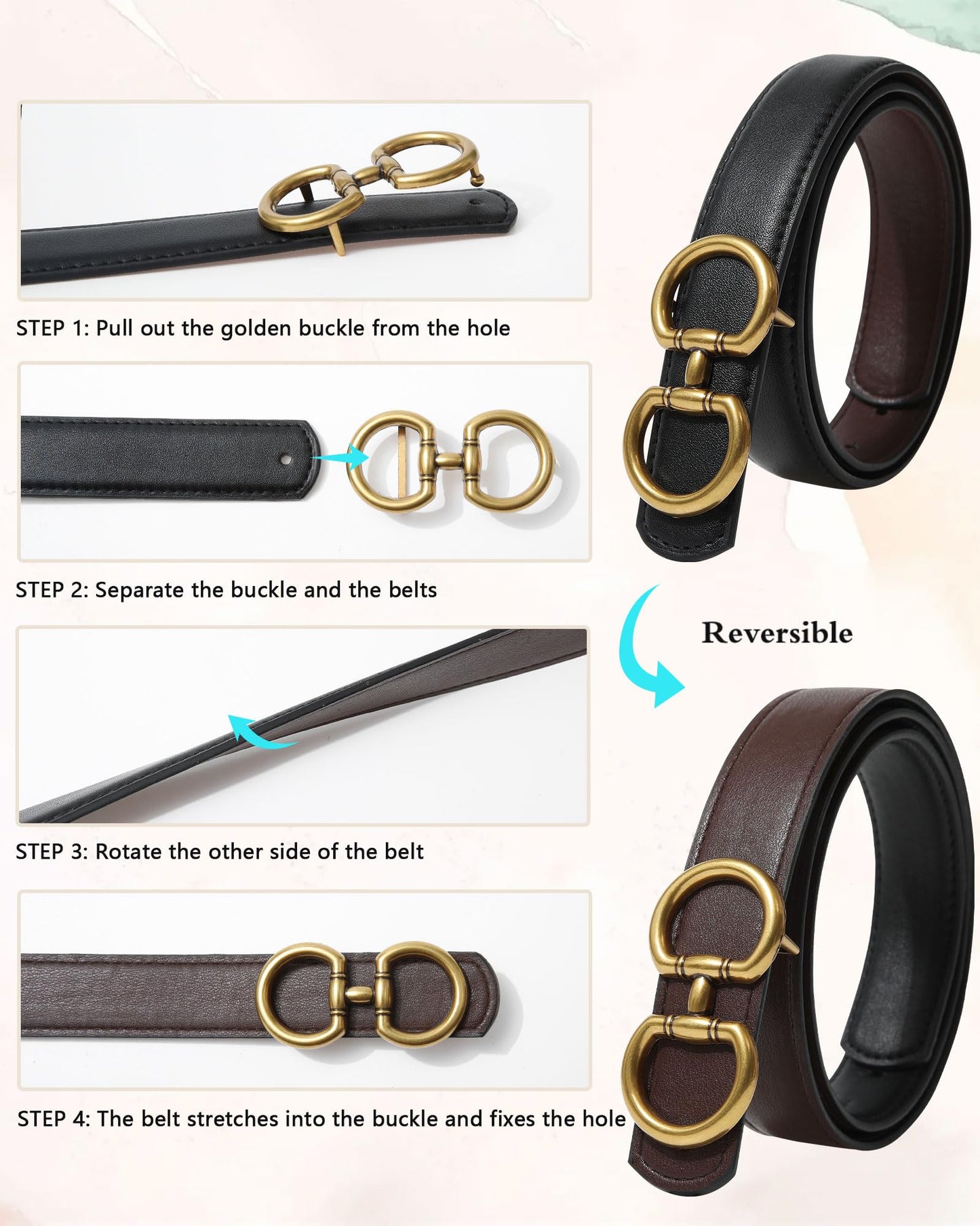 AWAYTR Reversible Belt for Women - Two-in-One Women Fashion Leather Belt for Jeans with Golden Buckle