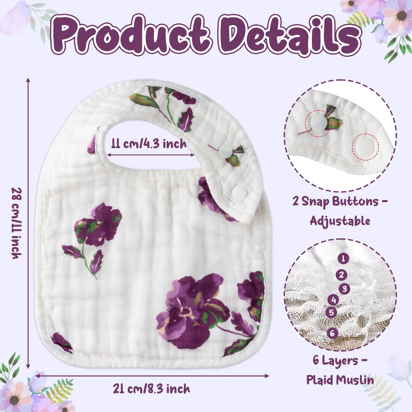 Zainpe 6Pcs Snap Muslin Cotton Bibs for Baby Love Heart Milk Letter Pattern Bib with 6 Absorbent Soft Layers, Machine Washable Burp Cloths for Infants Newborns Toddlers Drooling Feeding and Teething