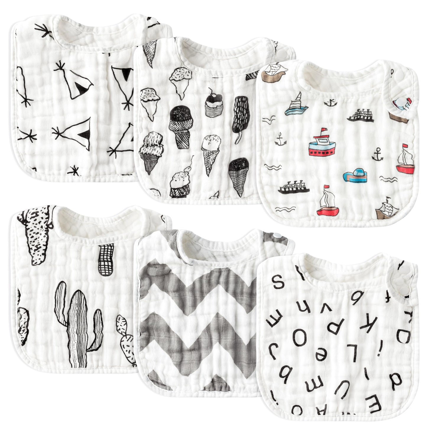 Zainpe 6Pcs Snap Muslin Cotton Bibs for Baby Love Heart Milk Letter Pattern Bib with 6 Absorbent Soft Layers, Machine Washable Burp Cloths for Infants Newborns Toddlers Drooling Feeding and Teething