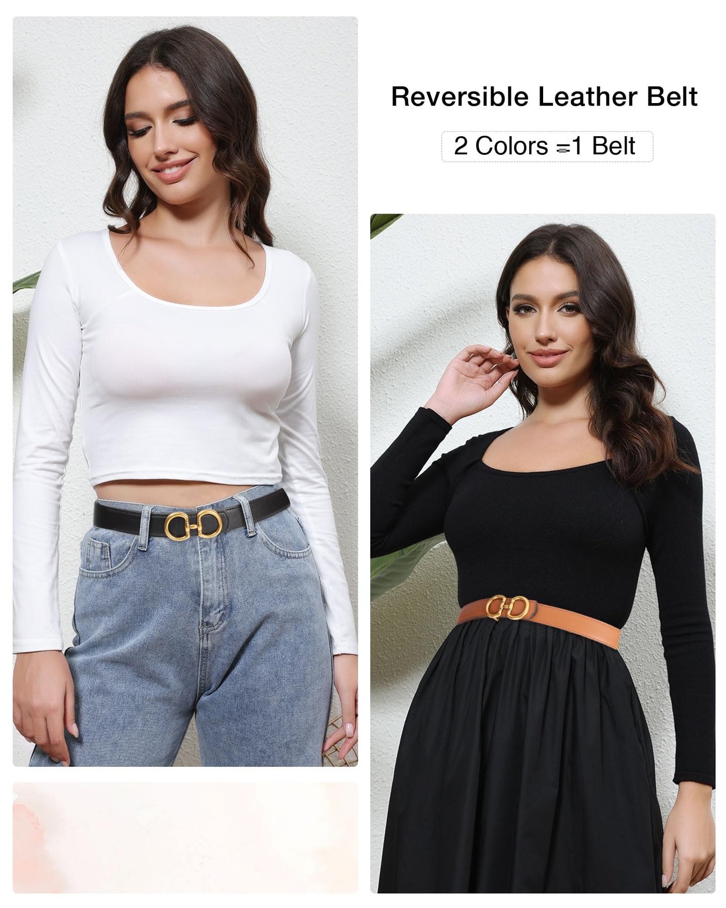 AWAYTR Reversible Belt for Women - Two-in-One Women Fashion Leather Belt for Jeans with Golden Buckle