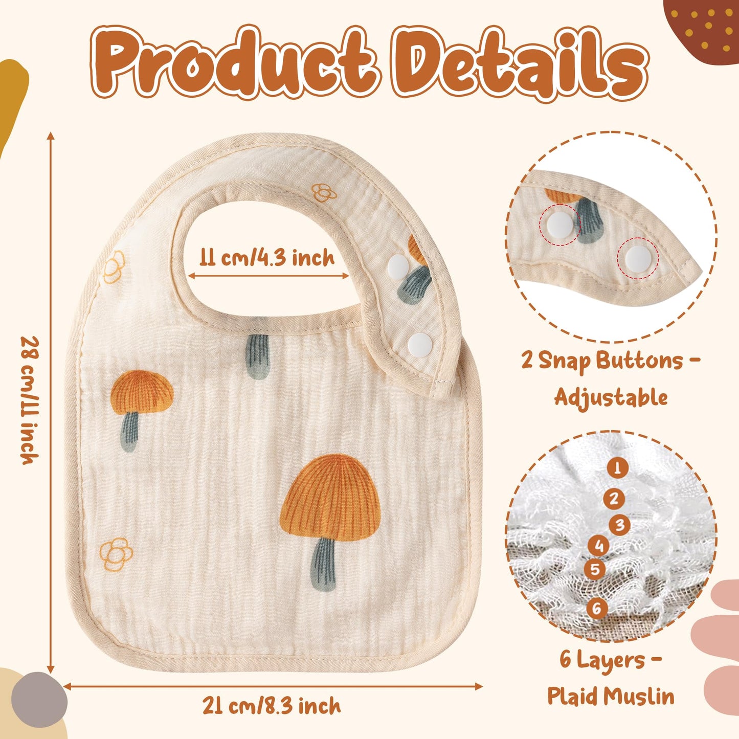 Zainpe 6Pcs Snap Muslin Cotton Bibs for Baby Love Heart Milk Letter Pattern Bib with 6 Absorbent Soft Layers, Machine Washable Burp Cloths for Infants Newborns Toddlers Drooling Feeding and Teething