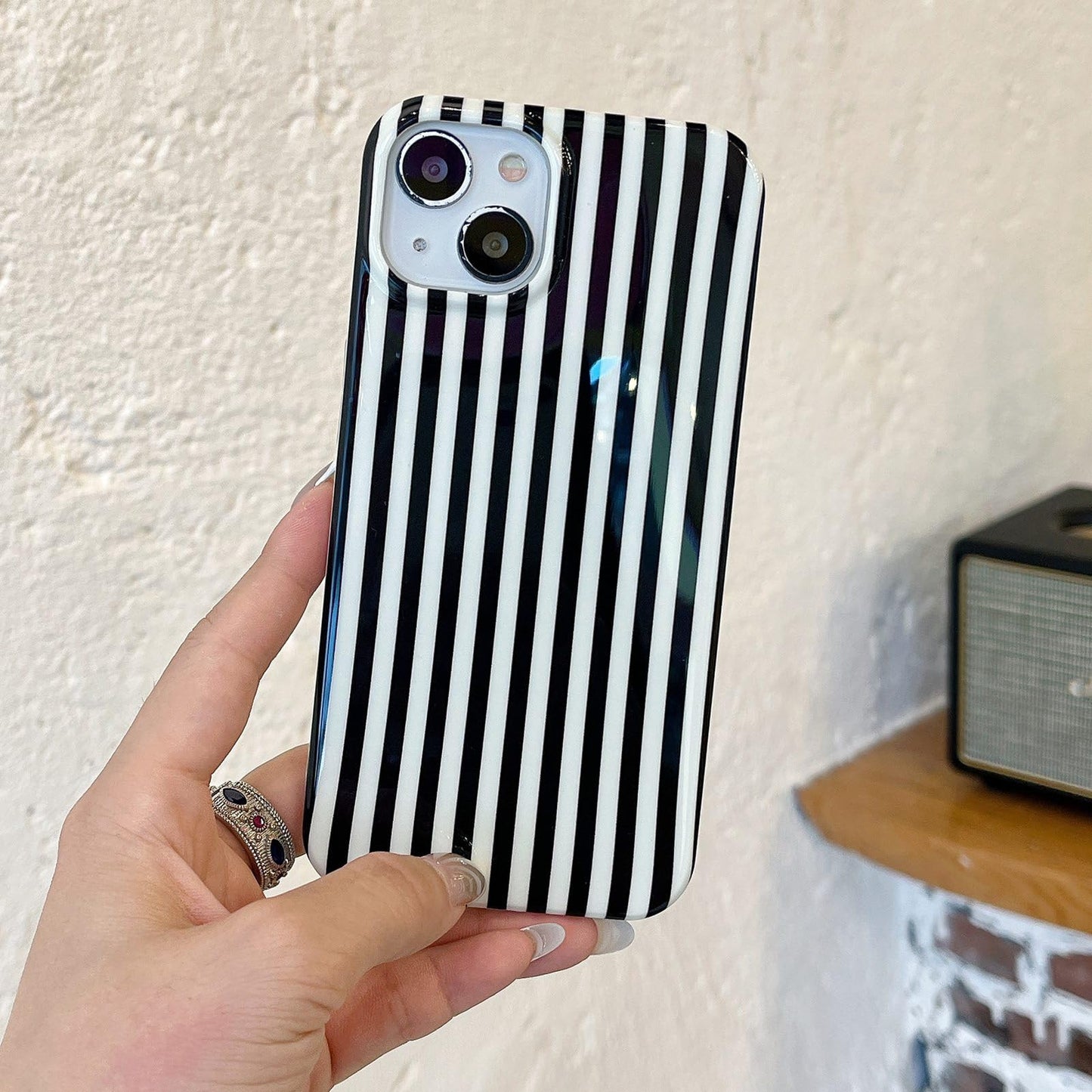 Cute Striped Phone Case Compatible with iPhone 14/13 6.1",Aesthetic Trendy Retro Stripe Pattern Chic Pretty Stylish Protective Girls Women Cover for iPhone 14/13-Black White