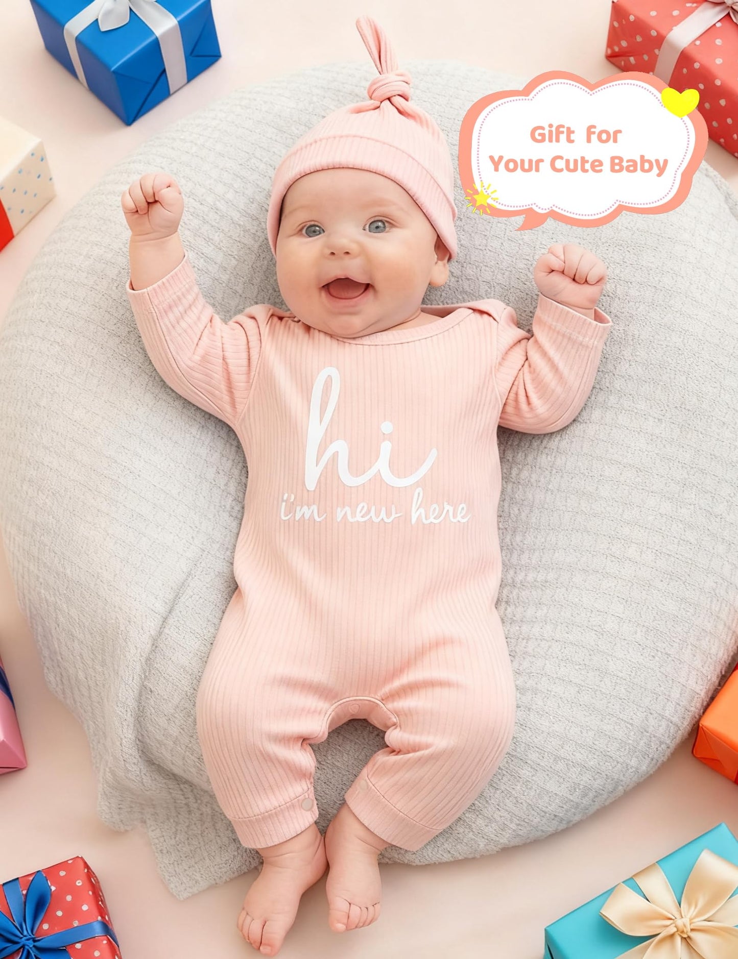 Newborn Unisex Baby Clothes 0-3 Months,Long Sleeve Onesie Infant Coming Home Outfits Romper with Mittens & Hat