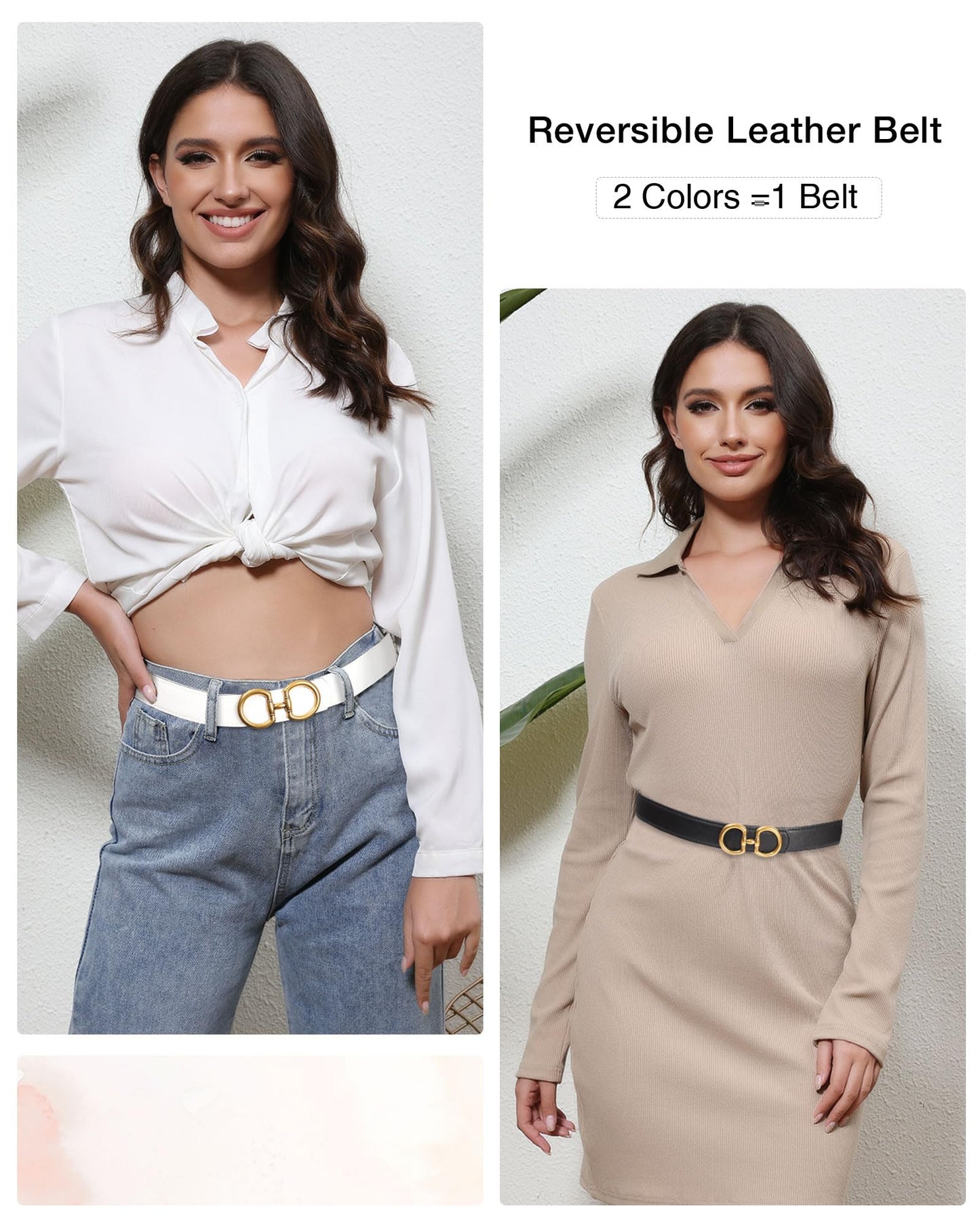 AWAYTR Reversible Belt for Women - Two-in-One Women Fashion Leather Belt for Jeans with Golden Buckle