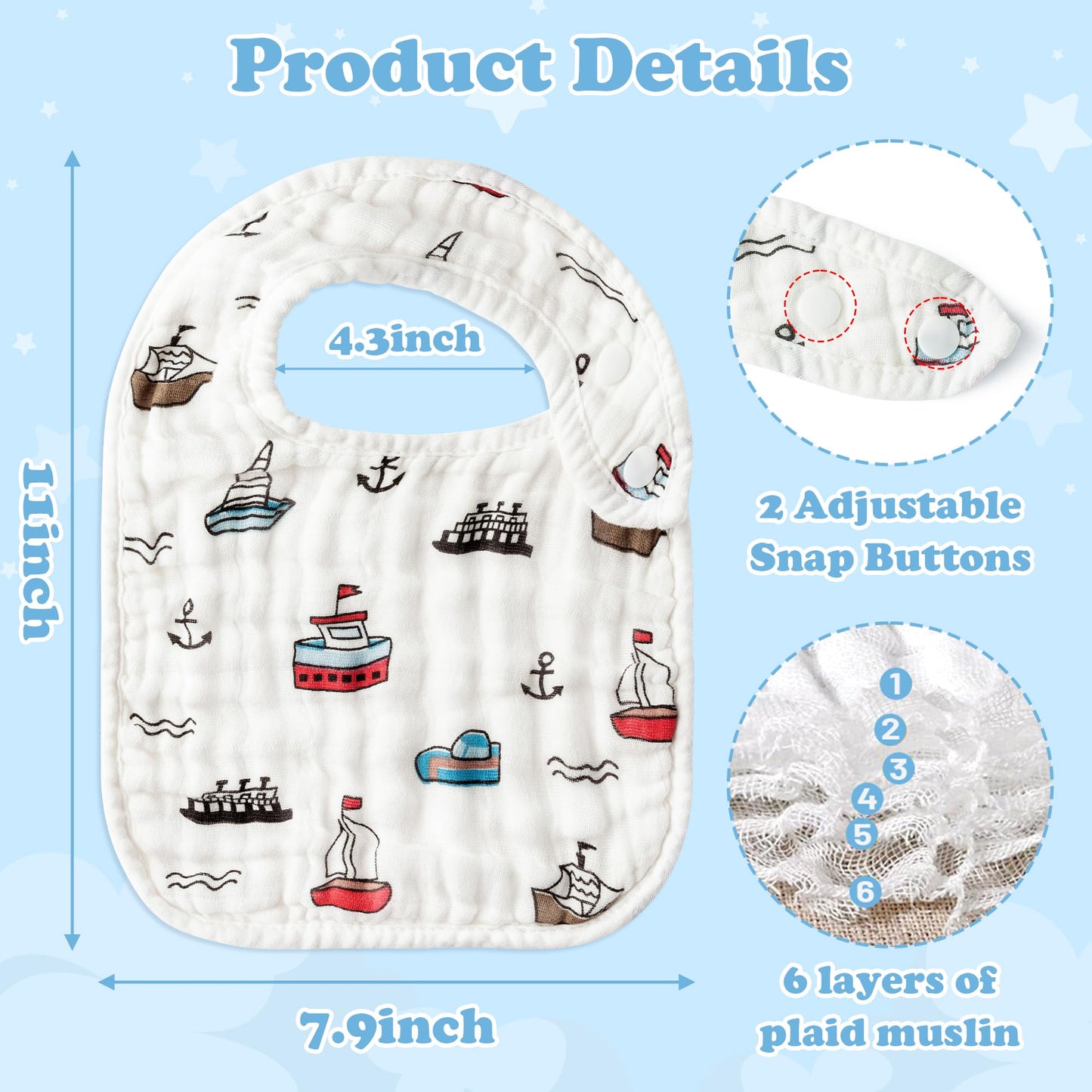 Zainpe 6Pcs Snap Muslin Cotton Bibs for Baby Love Heart Milk Letter Pattern Bib with 6 Absorbent Soft Layers, Machine Washable Burp Cloths for Infants Newborns Toddlers Drooling Feeding and Teething