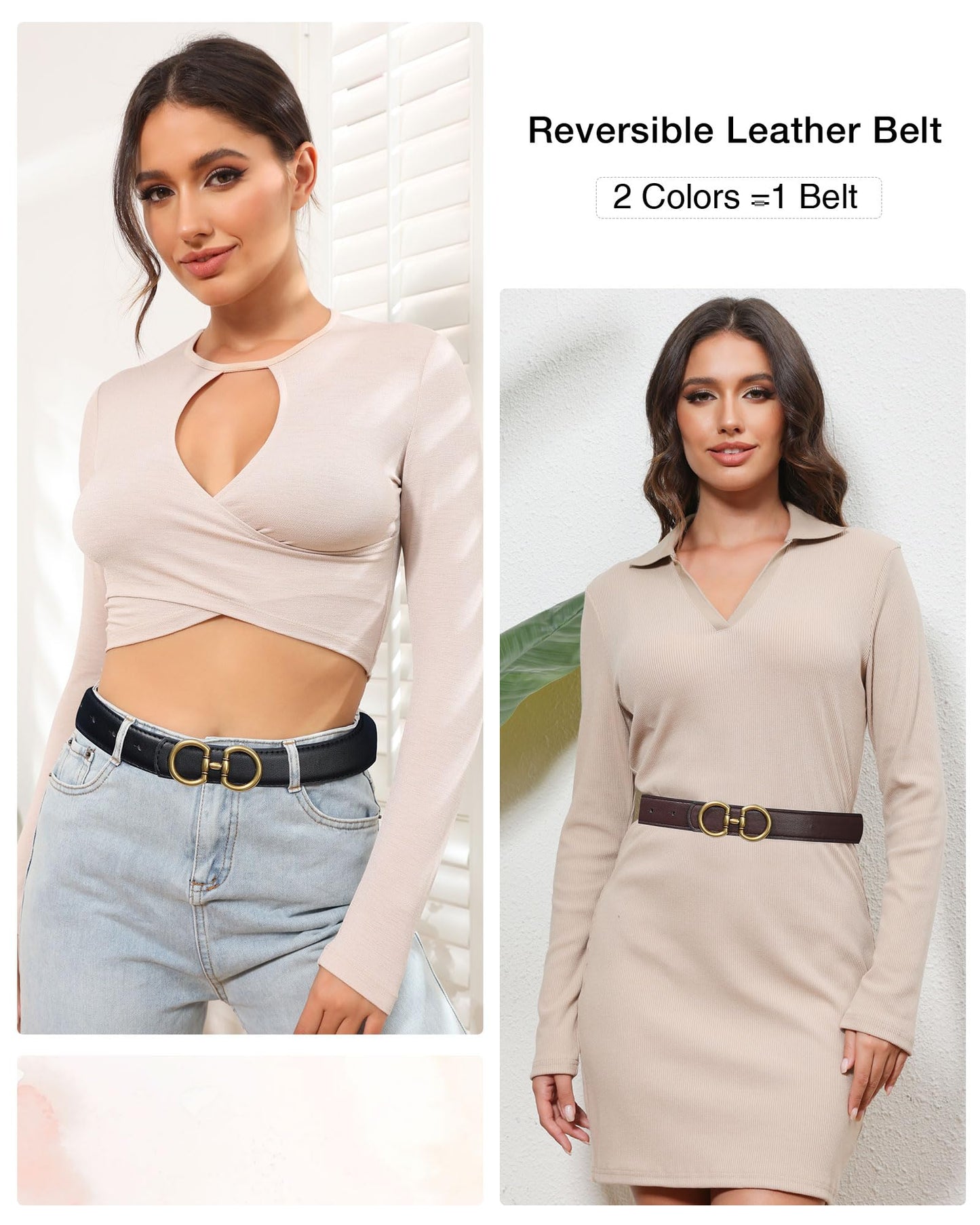 AWAYTR Reversible Belt for Women - Two-in-One Women Fashion Leather Belt for Jeans with Golden Buckle