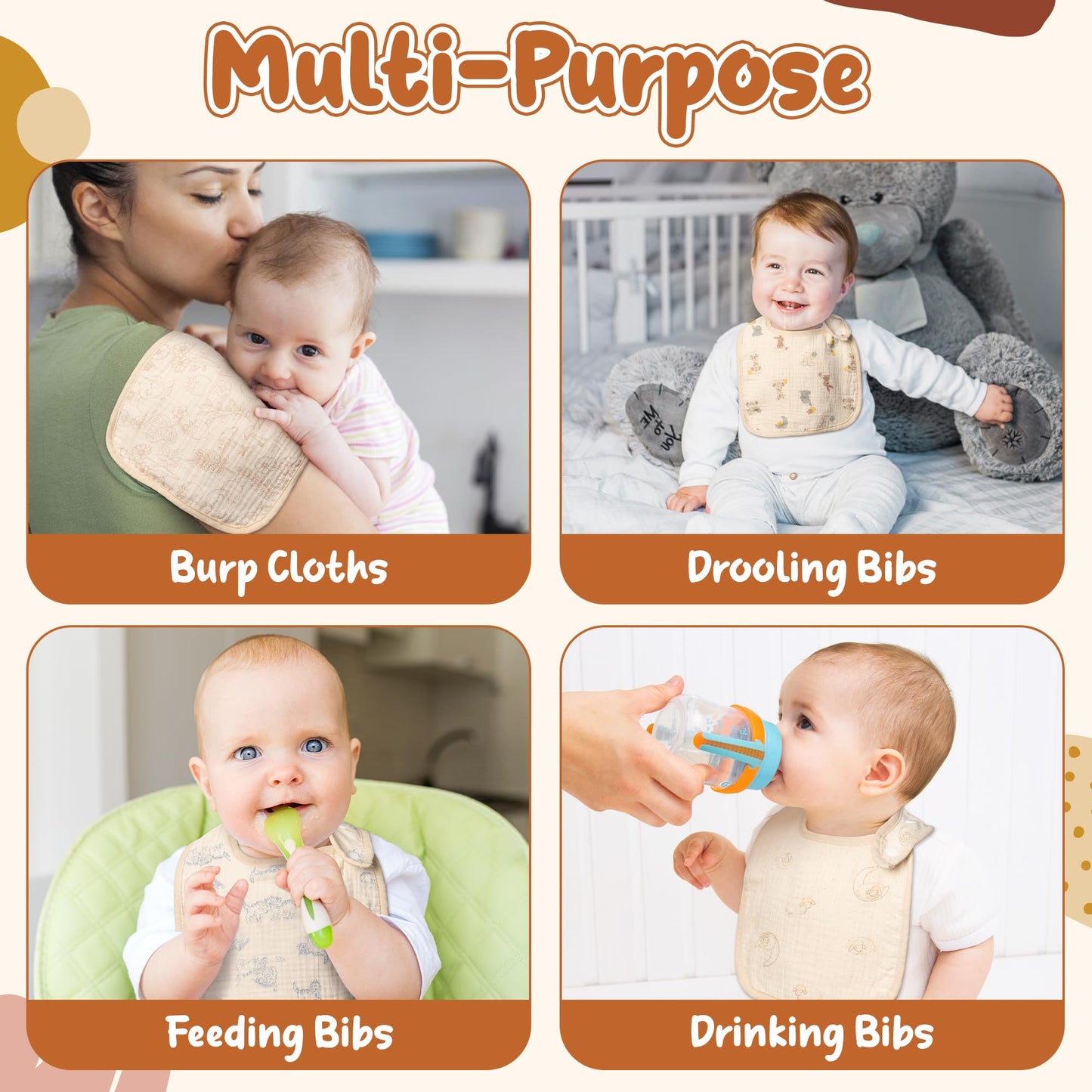 Zainpe 6Pcs Snap Muslin Cotton Bibs for Baby Love Heart Milk Letter Pattern Bib with 6 Absorbent Soft Layers, Machine Washable Burp Cloths for Infants Newborns Toddlers Drooling Feeding and Teething