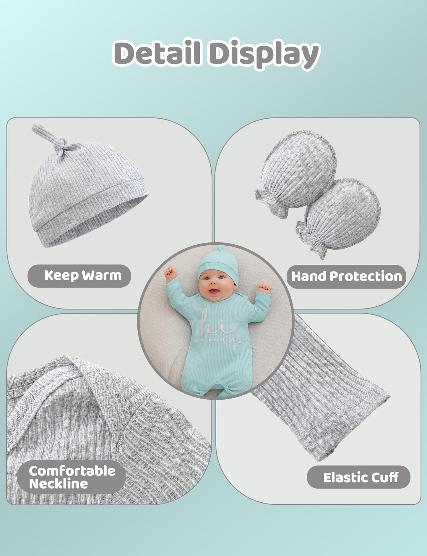 Newborn Unisex Baby Clothes 0-3 Months,Long Sleeve Onesie Infant Coming Home Outfits Romper with Mittens & Hat