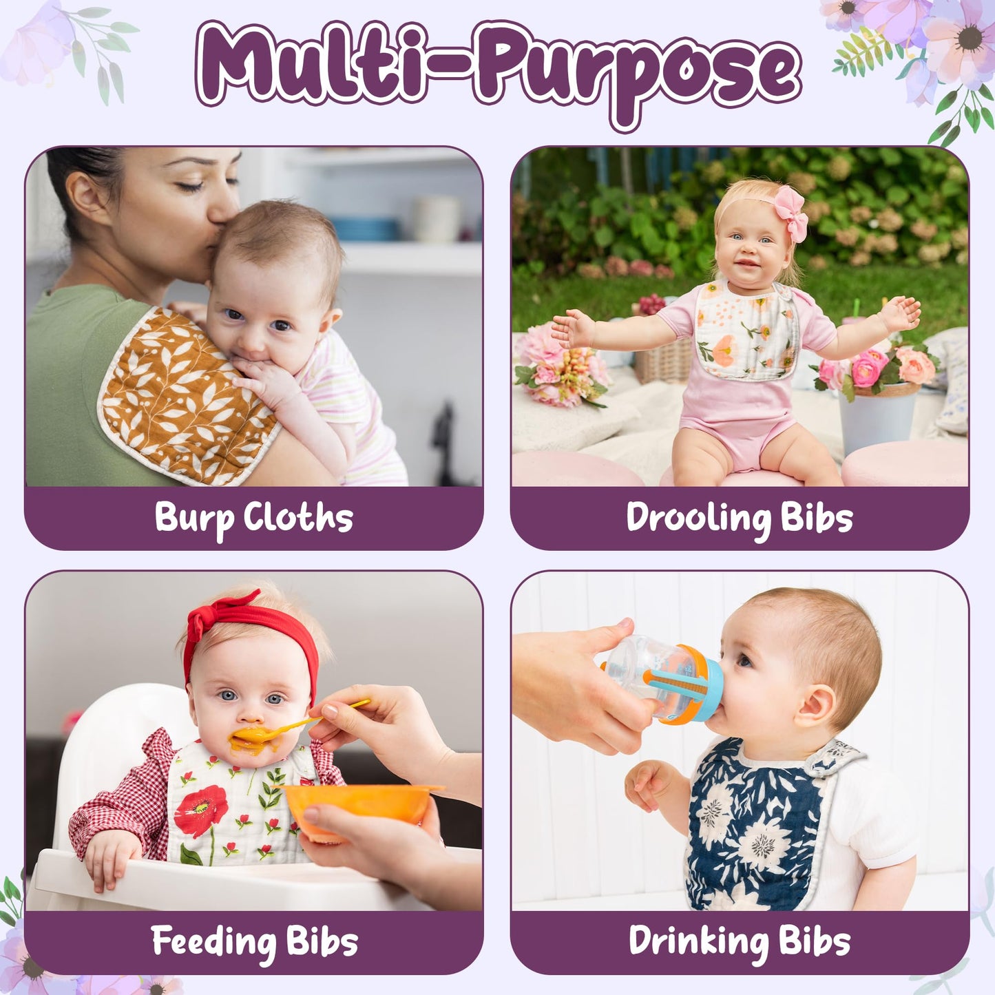 Zainpe 6Pcs Snap Muslin Cotton Bibs for Baby Love Heart Milk Letter Pattern Bib with 6 Absorbent Soft Layers, Machine Washable Burp Cloths for Infants Newborns Toddlers Drooling Feeding and Teething