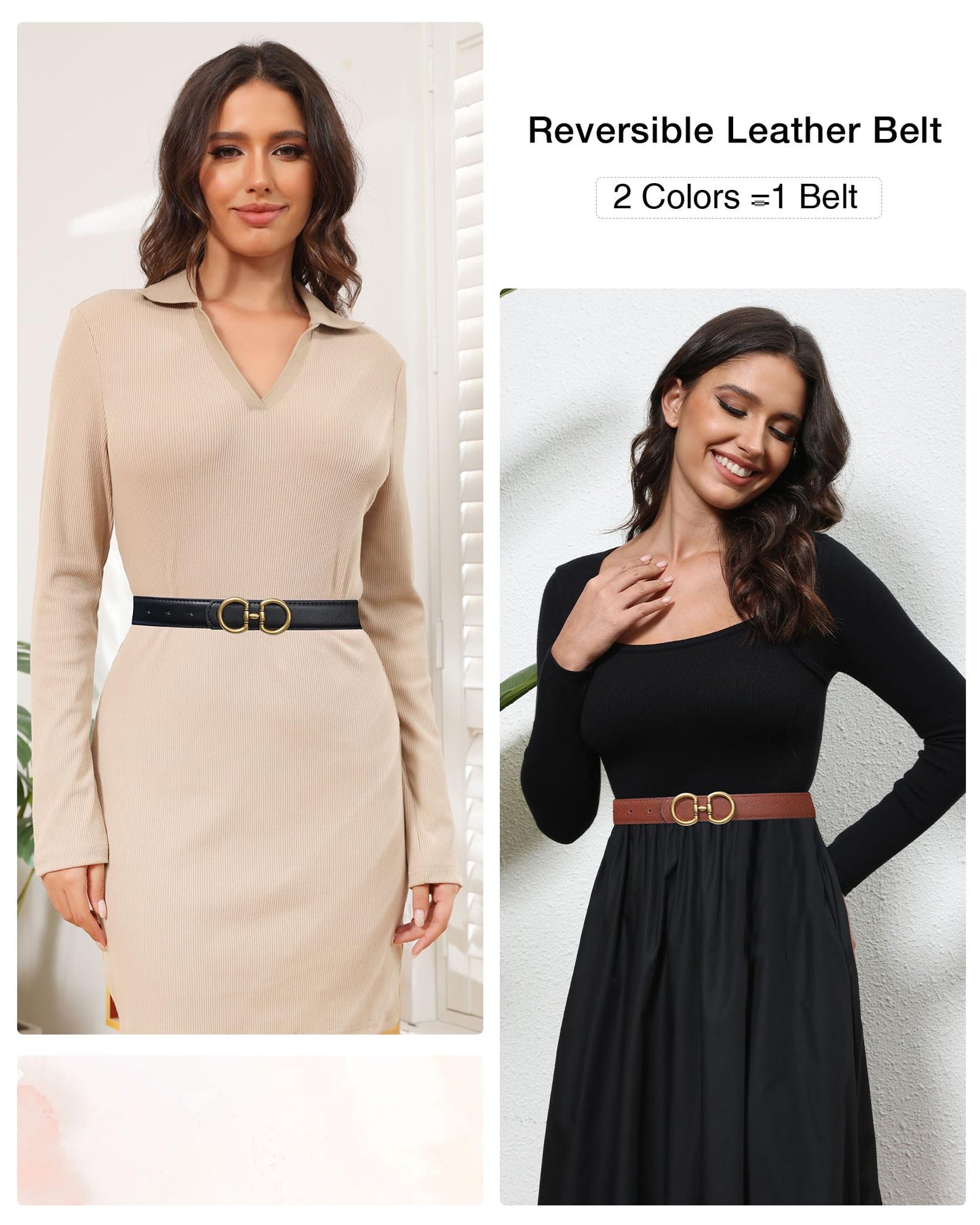 AWAYTR Reversible Belt for Women - Two-in-One Women Fashion Leather Belt for Jeans with Golden Buckle