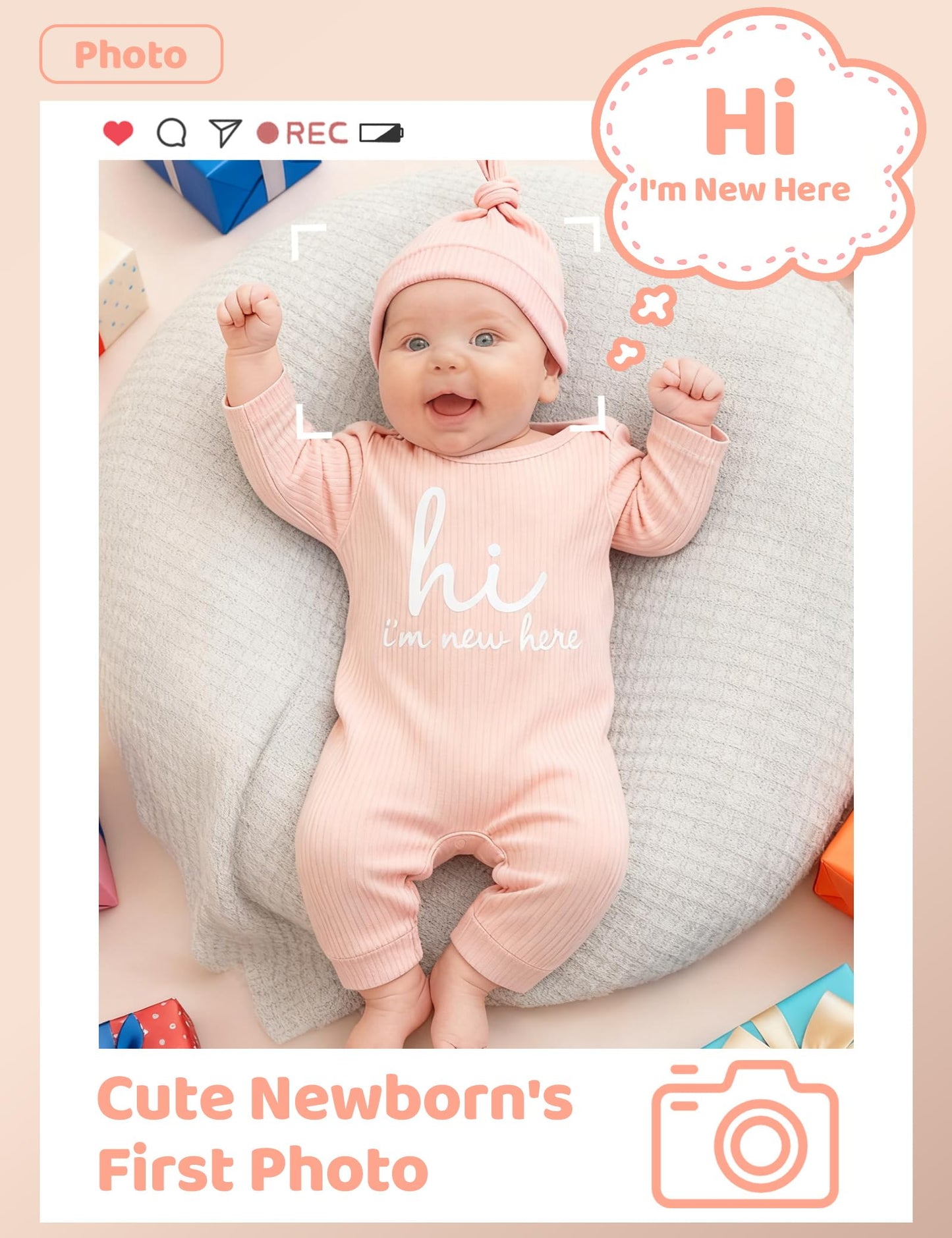 Newborn Unisex Baby Clothes 0-3 Months,Long Sleeve Onesie Infant Coming Home Outfits Romper with Mittens & Hat