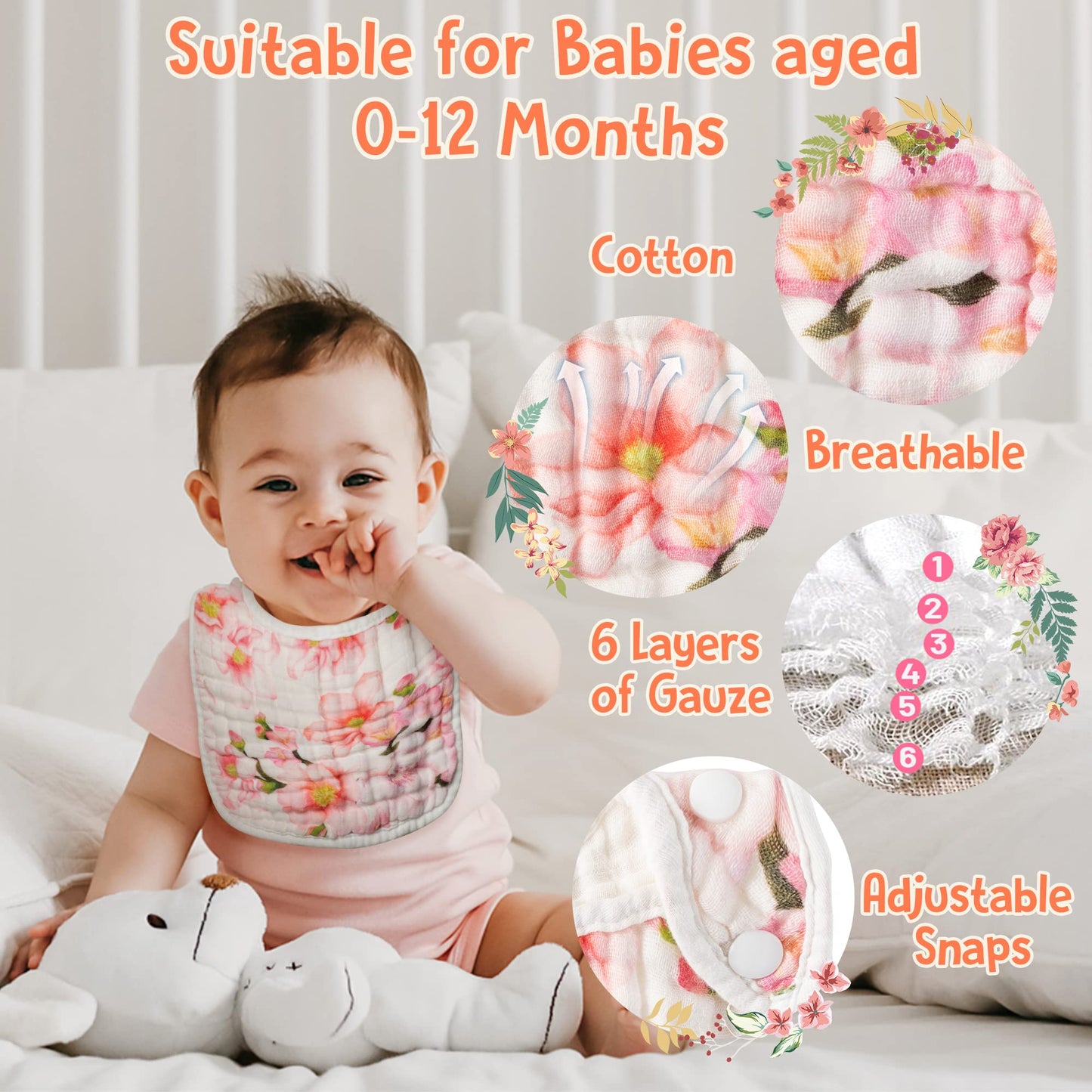 Zainpe 6Pcs Snap Muslin Cotton Bibs for Baby Love Heart Milk Letter Pattern Bib with 6 Absorbent Soft Layers, Machine Washable Burp Cloths for Infants Newborns Toddlers Drooling Feeding and Teething